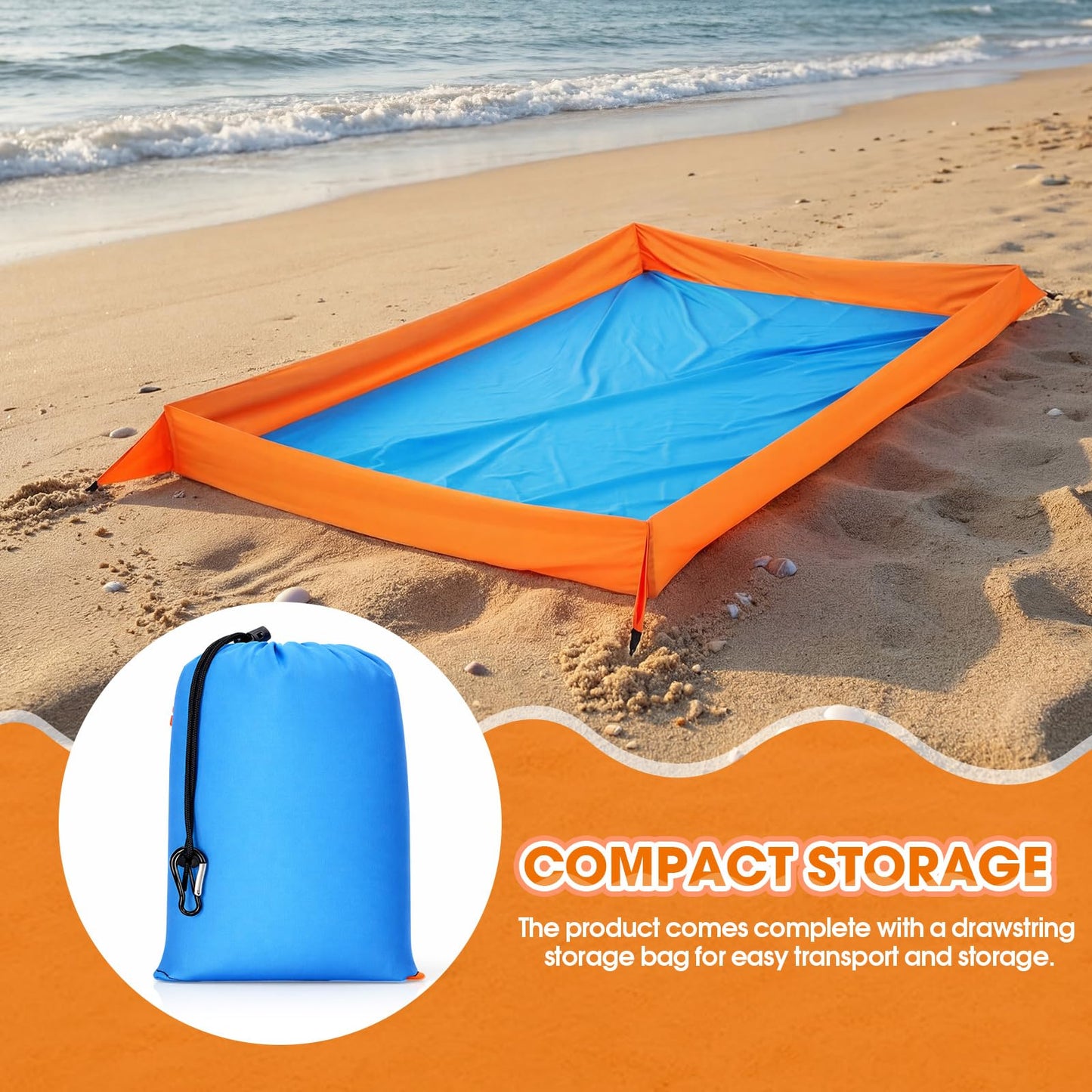 Qunclay Oversize Large Sandproof Beach Blanket 7.2 x 4.6 ft Outdoor Playpen Mat with 3.5" Tall Walls Waterproof Sand Free Picnic Sheet with Stakes & Storage Bag for Family, Beach Camping Essentials