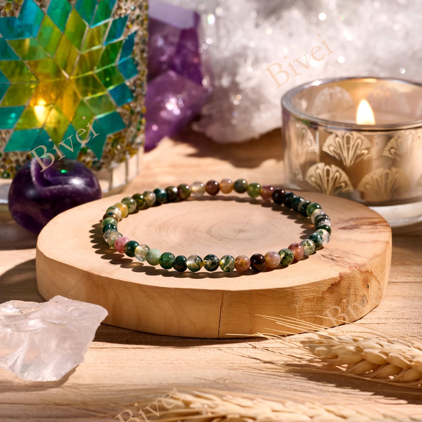 Bivei Indian Agate-Ancient Calm-4mm Beaded Bracelets for Women Handmade Semi Precious Natural Stone Stretch Elastic Jewelry Yoga Protection Gifts