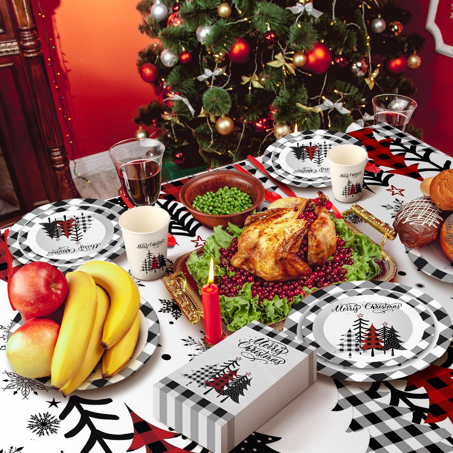 Dandat 402 Pcs Disposable Party Supplies - Christmas Plates Napkins Cups Tablecloth for Holiday Xmas (Black White, Christmas Tree)