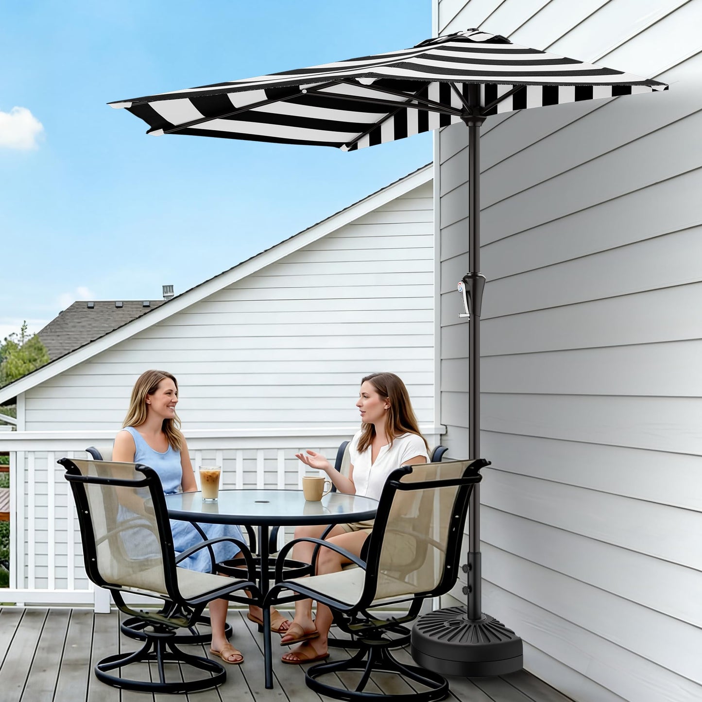 AreShark 9FT Half Patio Umbrella, Outdoor Wall Umbrella with Crank & 5 Sturdy Ribs, Table 1/2 Umbrella Patio for Garden, Deck, Balcony and Pool, Black & White Stripe
