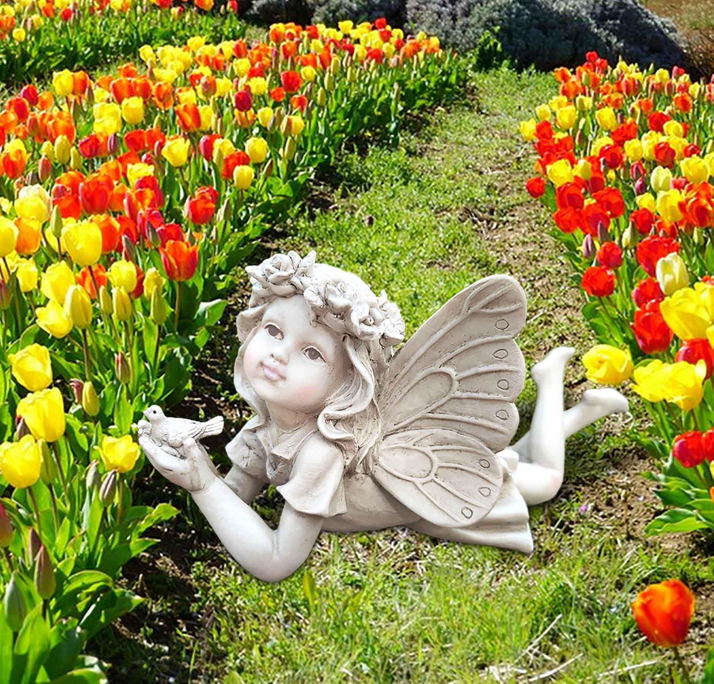 Fairy Garden Decor - Angel Holding a Bird Garden Statues for Outside, Resin Fairies for Fairy Garden, Cute Yard Ornaments Outdoors, Ideal Gifts for Mom and Grandma, 11” Width