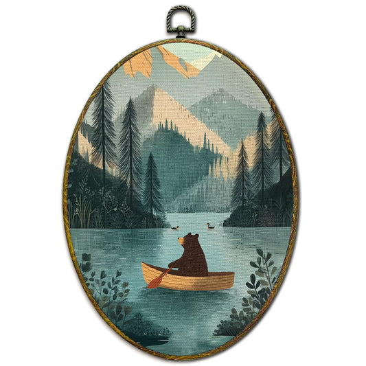 XFCICRLJ Vintage Bear Nursery Wall Art Decor, Kids Oval Canvas Prints Framed, Mountain Lake Landscape Wild Animals Riding Boat Wall Art Decorations for Playroom Kids Nursery Room Decor, 11x8.5 Inch