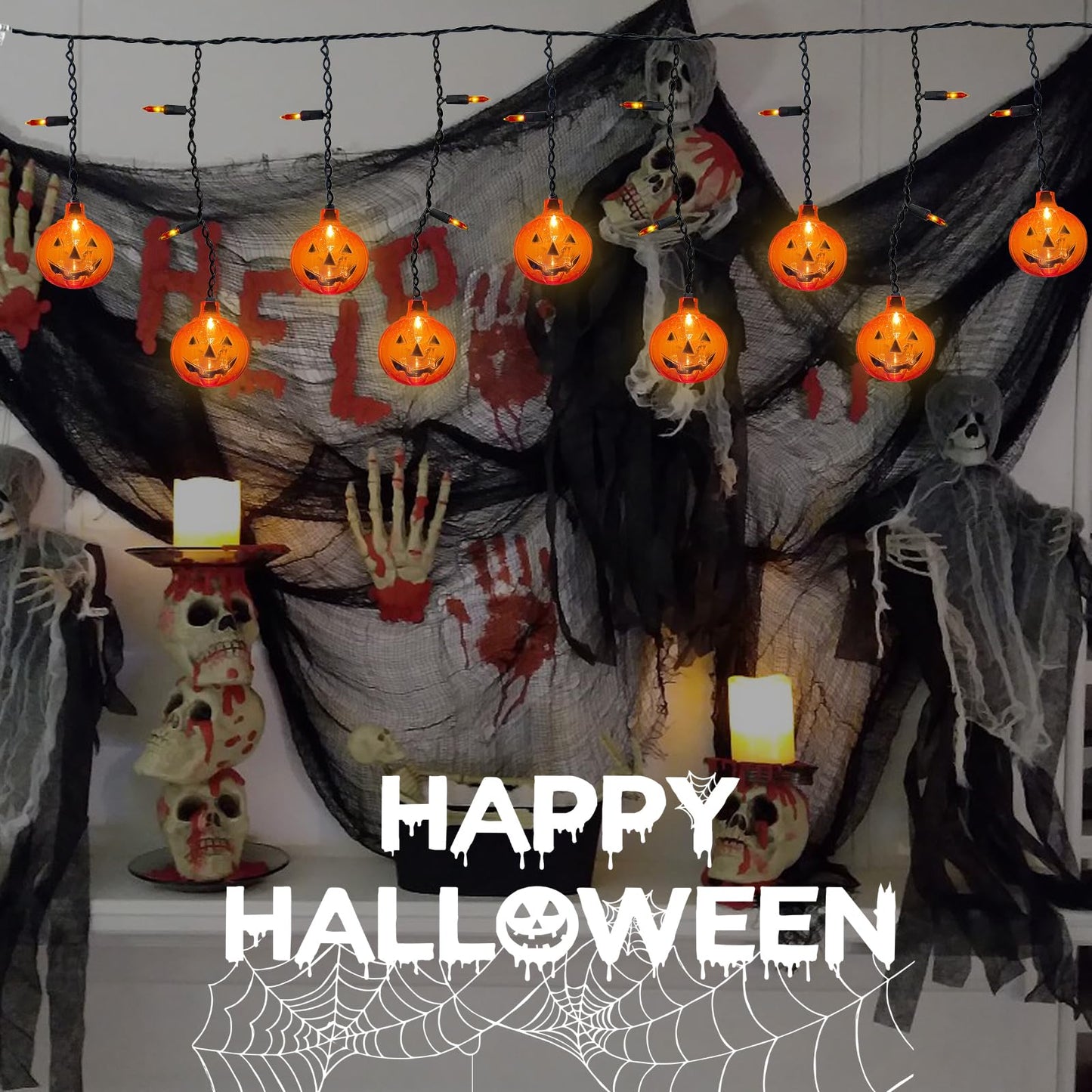 Halloween Pumpkin Icicle Lights, 7Ft Outdoor Halloween Decorations String Light with 10 Pumpkin Light 15 Mini Orange Bulbs, Plug in Pumpkin Curtain Lights for Indoor Outdoor Patio Party Holiday