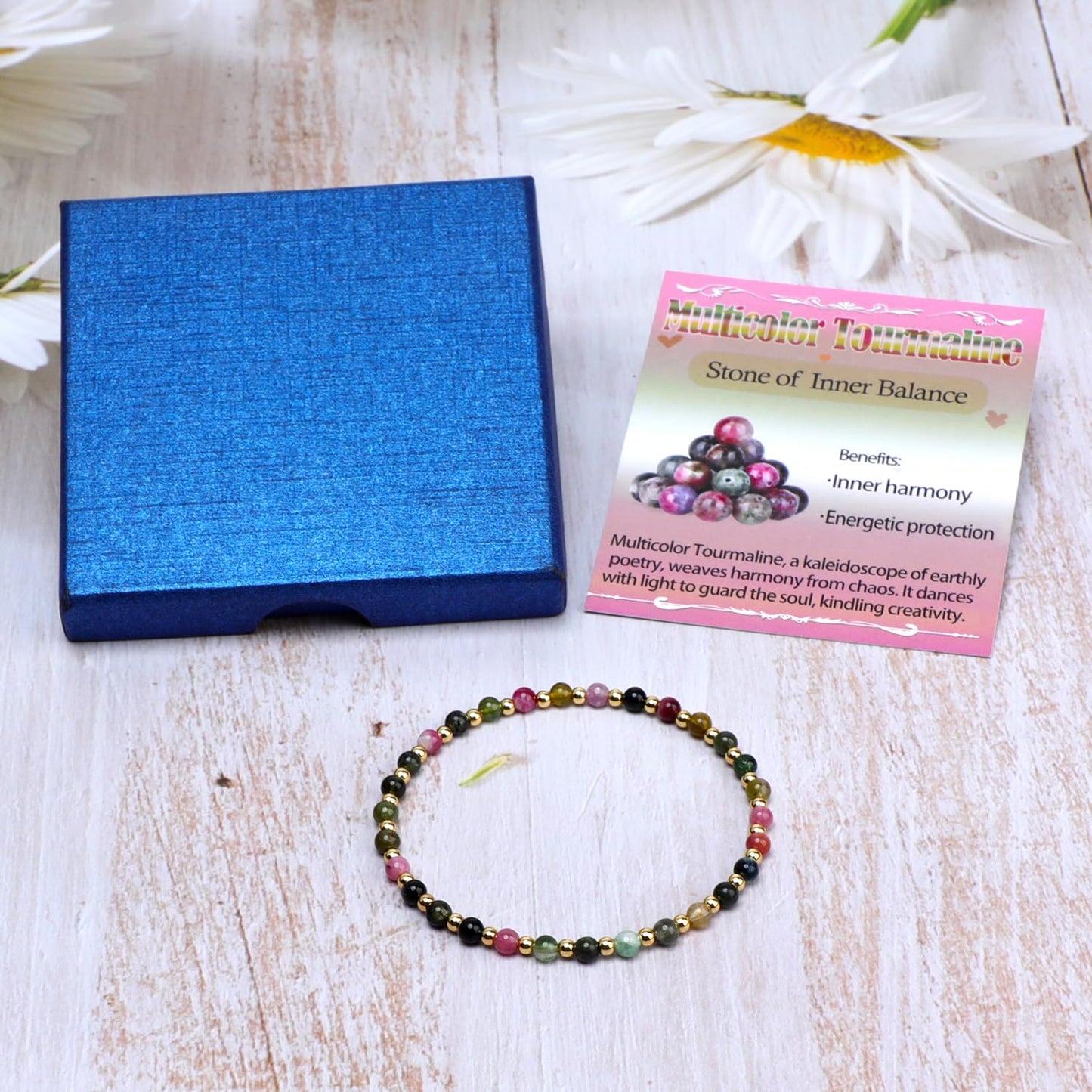 QOGIR Multicolor Tourmaline - Stone of Inner Balance - 14K Gold Plated Beads Natural Gemstone Stretch Elastic Dainty Healing Beaded Bracelets Gifts 4mm