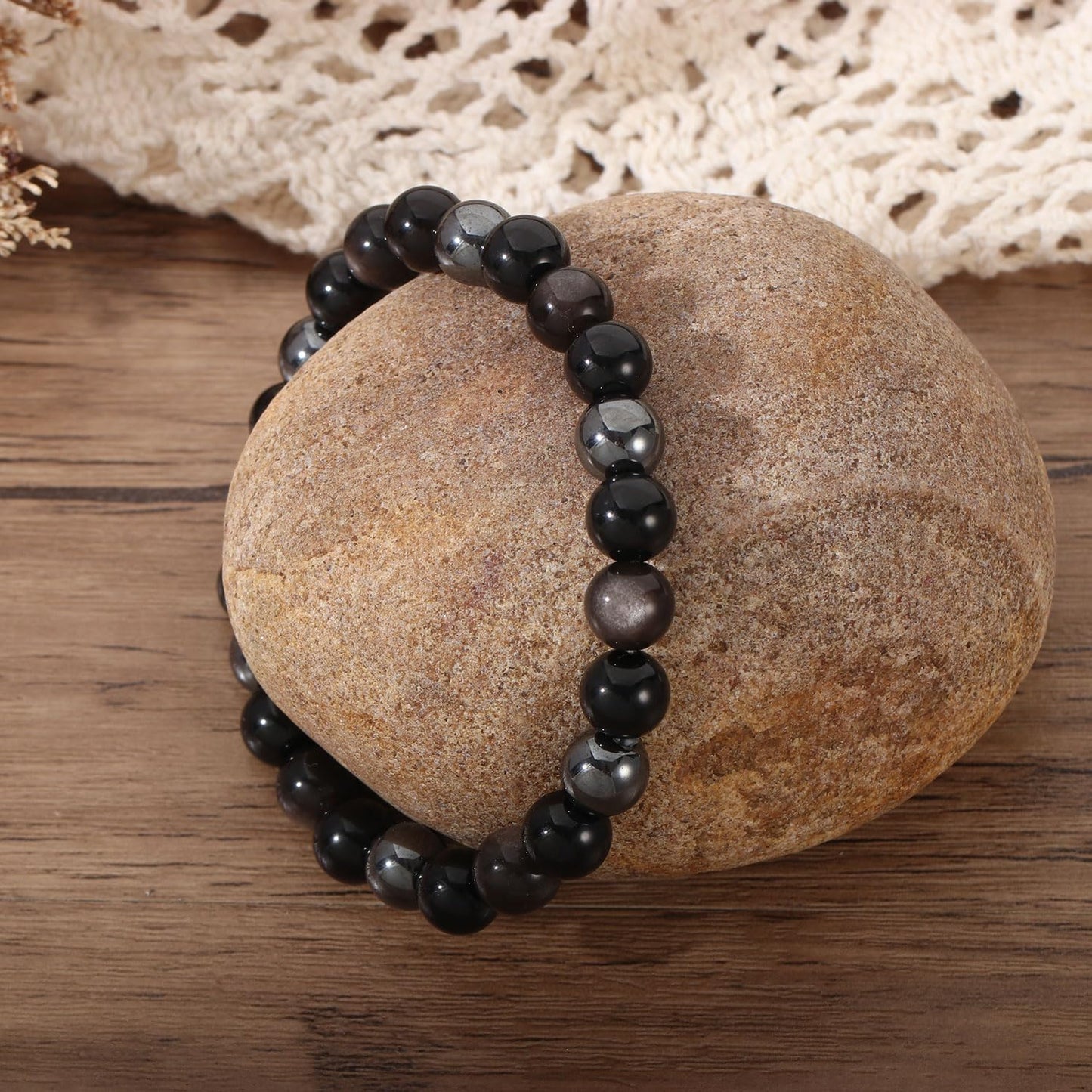 AULSIEY Hematite Black Tourmaline Obsidian Bracelet for Men, Triple Empath Protection Bracelet Gifts for Women, Protection Healing Crystal Bracelets, Evil Eye Jewelry Bracelets Mental Health-8mm