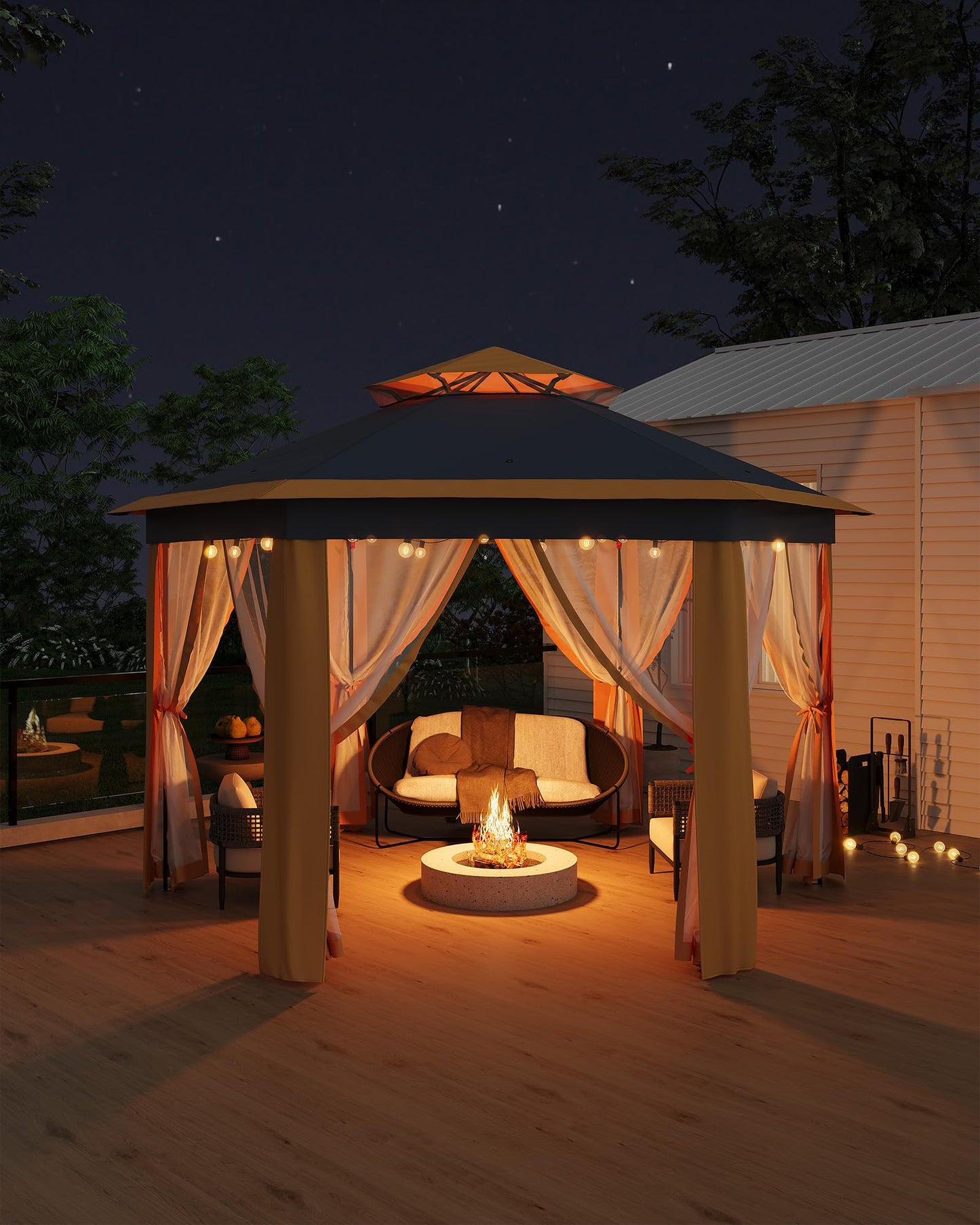 GarveeLife 13'x13' Pop-Up Gazebo, Outdoor Hexagonal Patio Gazebo with Mosquito Netting, Instant Setup Canopy Tent with Strong Steel Frame and Sandbags, for Backyard, Gardens, Patio (Khaki)