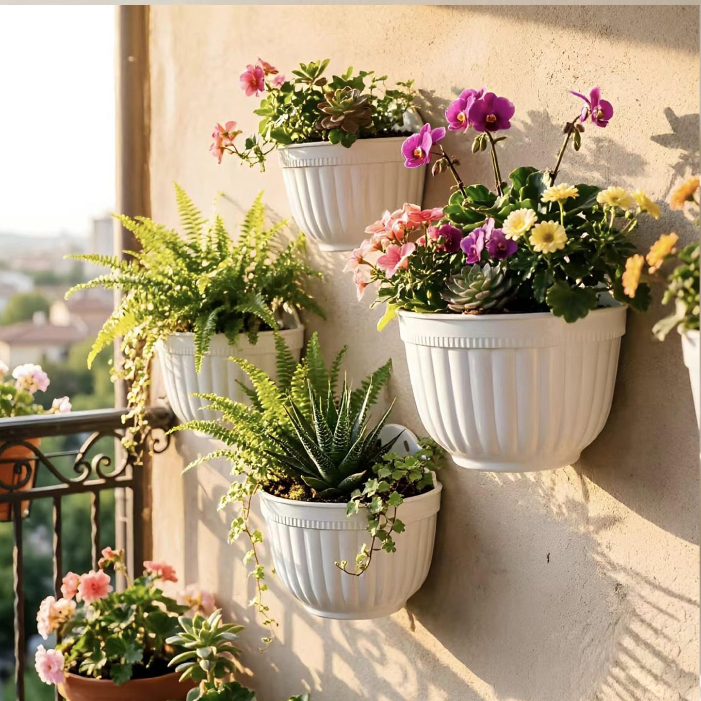 ORIMERC 4 Pack White Wall Planter Pots Vertical Living Wall Hanging Planters Wall Mounted Planter Holder with Drainage Hole for Indoor Outdoor Plants Wall Decor with Hooks/Screws