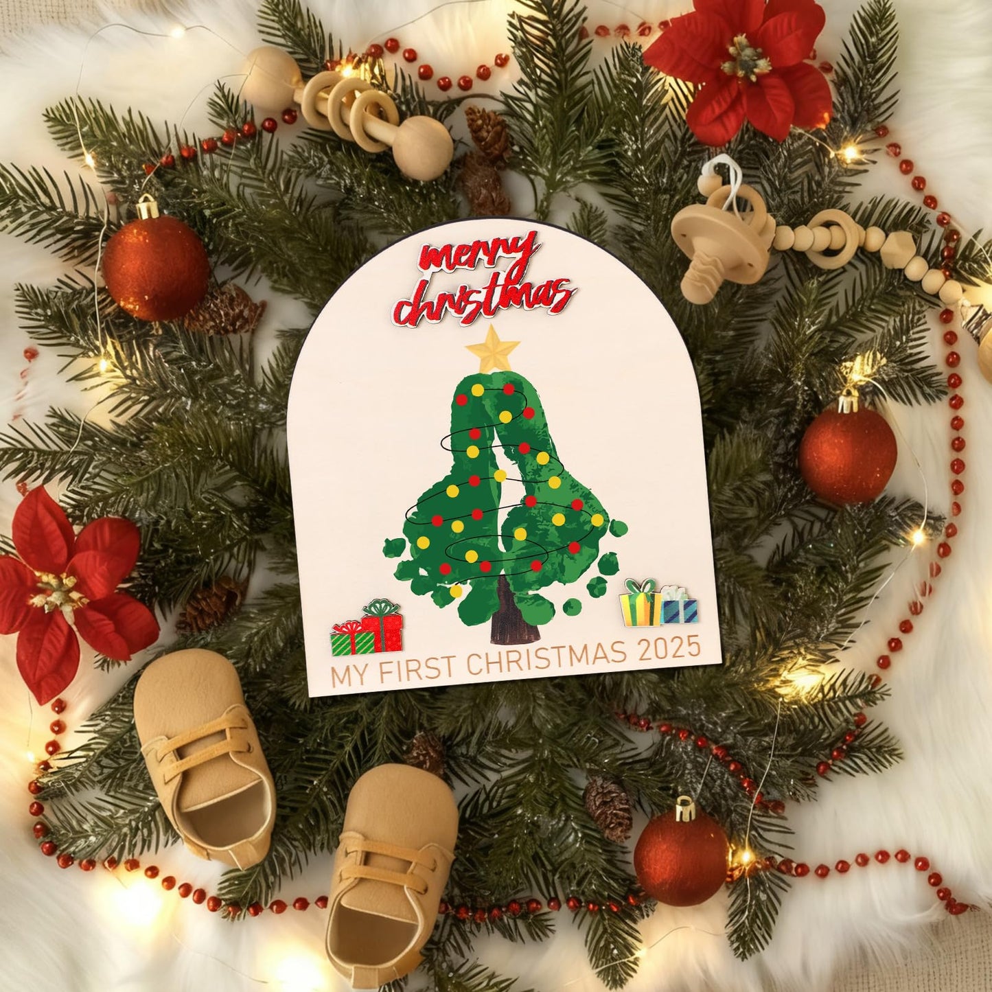 Thyle Baby First Christmas Footprint Ornament Wooden Mistletoe Craft Winter Baby Announcement Rustic Hanging Ornament Nursery Footprint Decorative for Newborn Photoshoot Prop