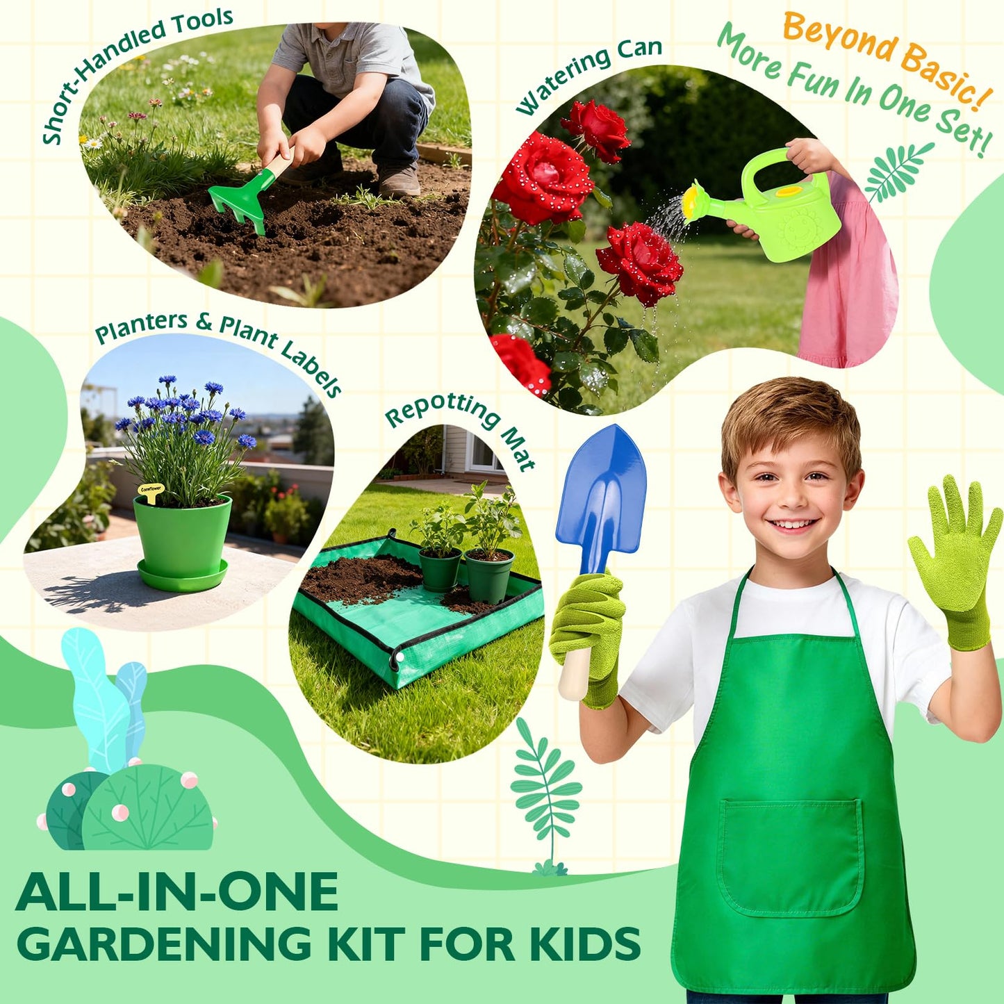 Kids Gardening Set, Outdoor Toys with Wheelbarrow and Kids Garden Tools, Toddler Gardening Set with Repotting mat, Gloves, Apron, Watering Can, Pretend Play Learning Toys for Kids Boys and Girls 3-8