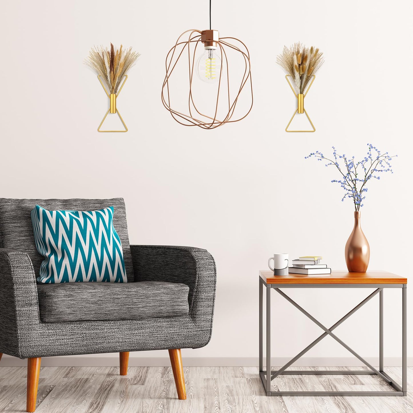 Peryiter 2 Pcs Boho Gold Wall Decor Metal Wall Art X Shaped Hanging Planters with Artificial Pampas Modern Home Gold Bathroom Decor for Bedroom Living Room