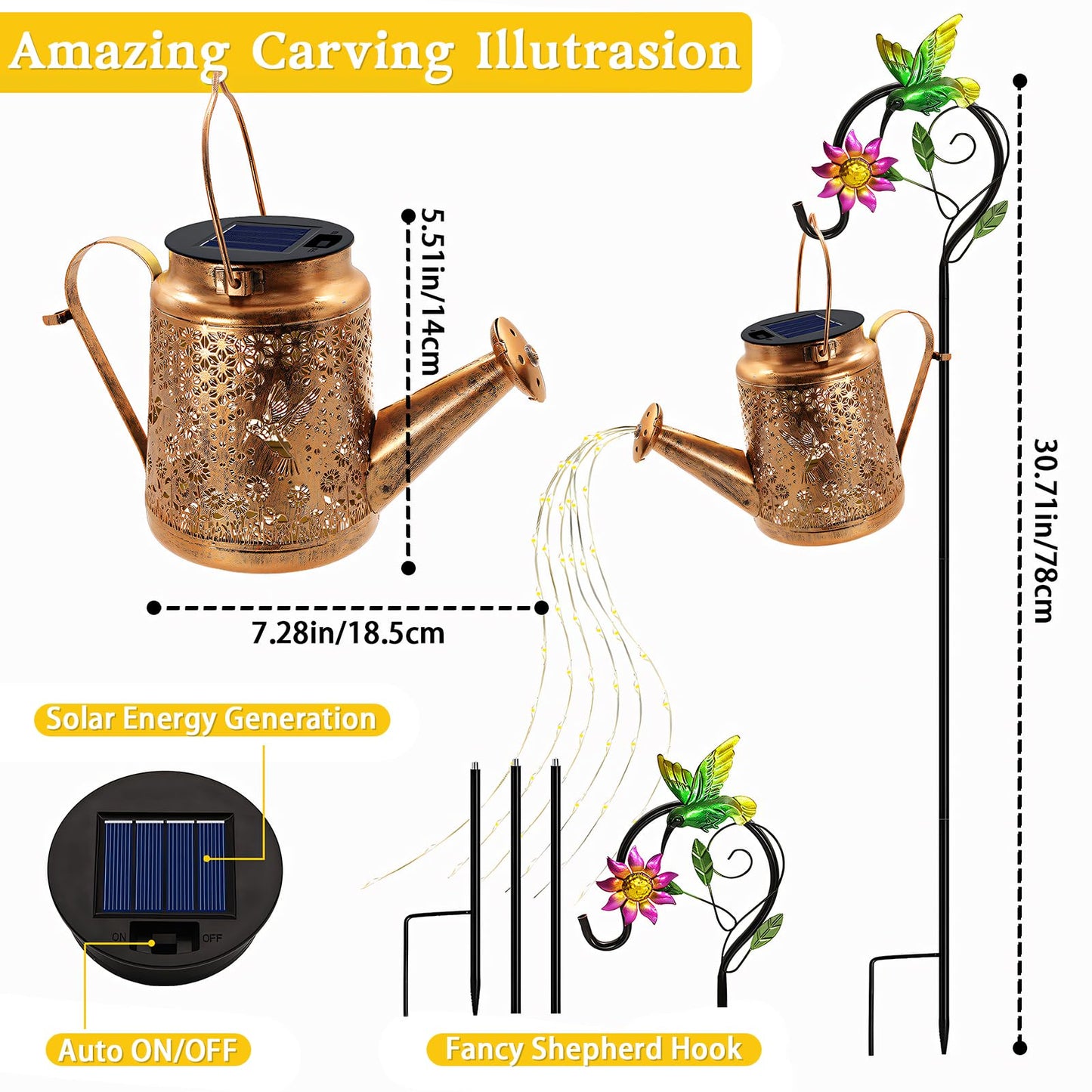 Solar Watering Can Lights, Hummingbird Hanging Lanterns Outdoor, Birthday Gifts for Mom Women Grandma Mother's Day, Waterproof Solar Lights Garden Decor for Outside Yard Art Patio Porch Lawn Backyard