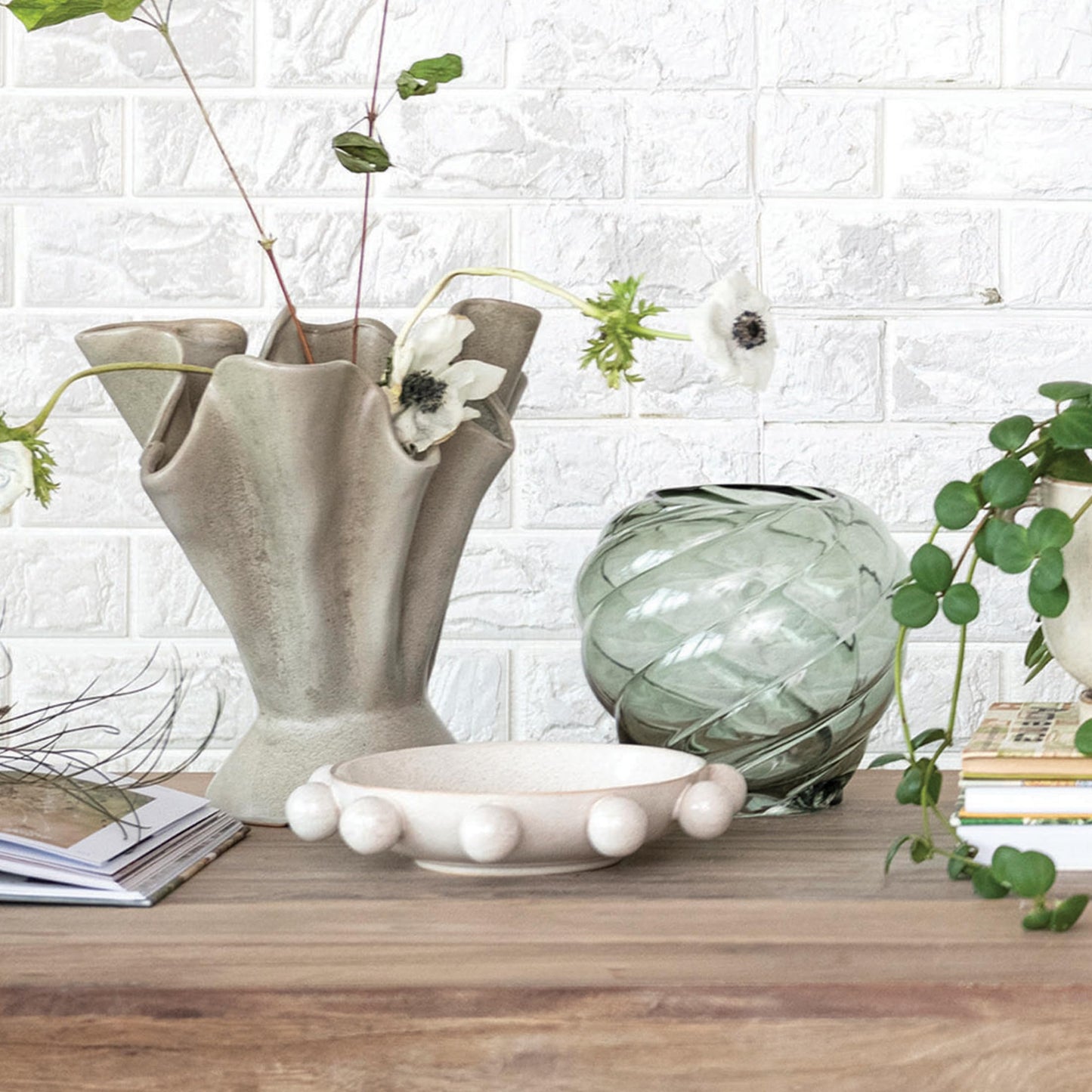 Bloomingville 9.75 Inches Stoneware Bowl with Orbs and Reactive Glaze, Cream