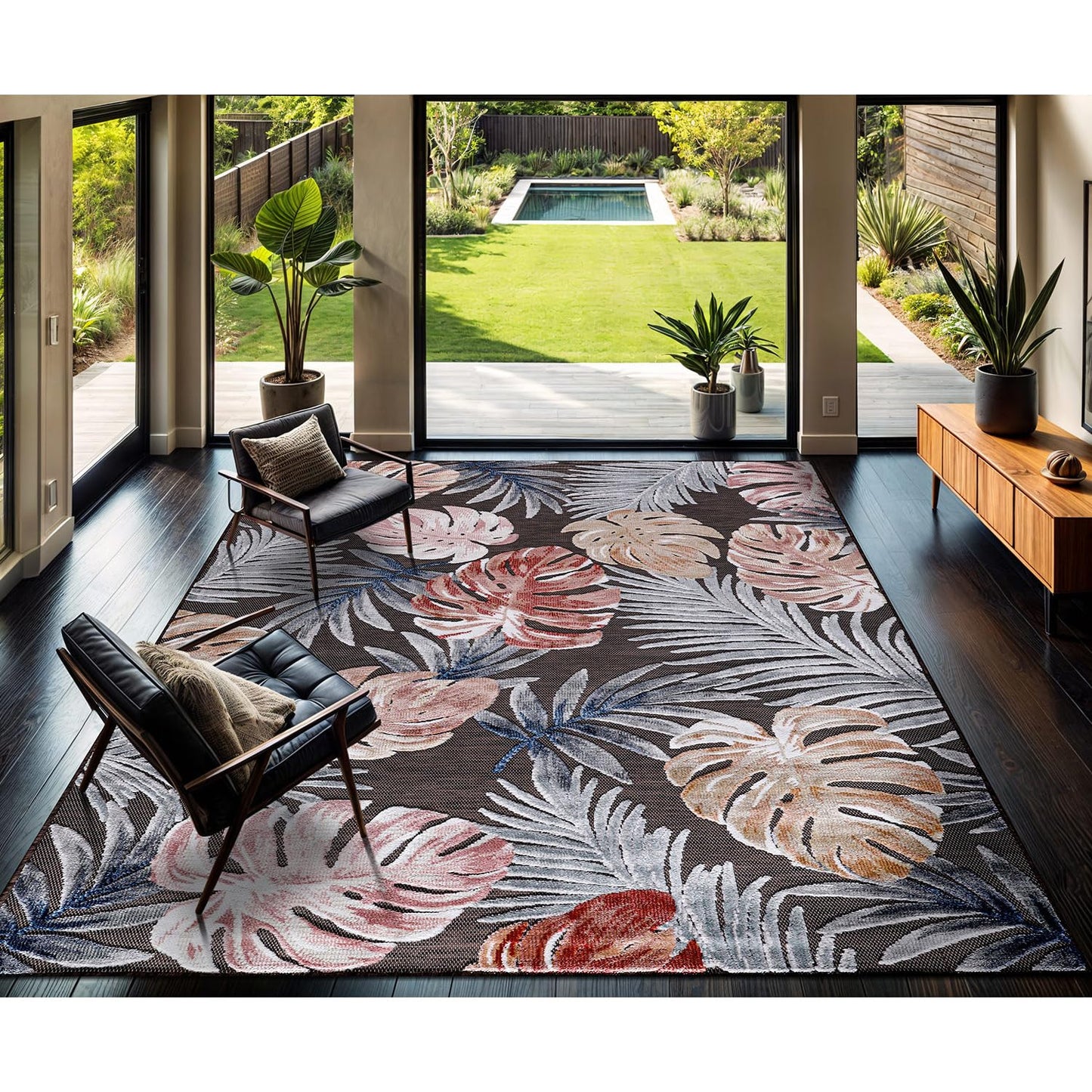 CAMILSON Indoor Outdoor Rug, Brown 7’10”x10’ Leaf Tropical Botanical Area Rugs for Indoor and Outdoor patios, Easy-Cleaning Non-Shedding Living Room, Garden and Kitchen Washable Outside Carpet (8x10)