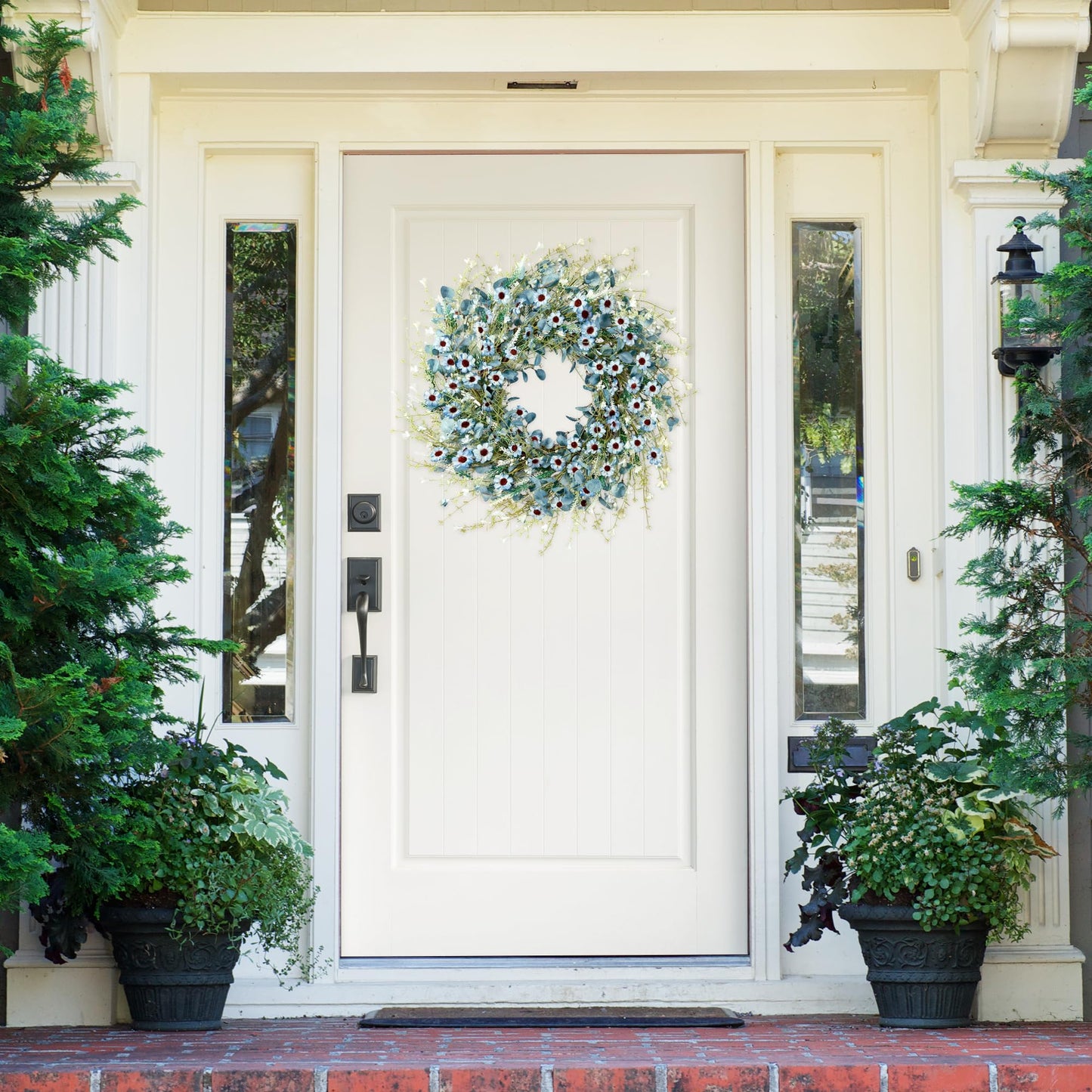 Sggvecsy Blue Daisy Wreath 24 Inch Spring Summer Fake Silk Floral Wreath with Green Eucalyptus Leaves and Lavender for Front Door Window Wall Wedding Farmhouse Festival Decor