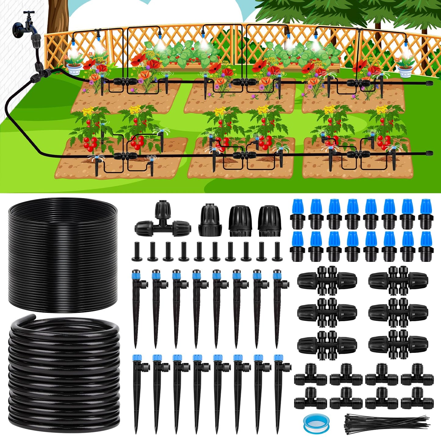 Kafuzi 230FT New Quick-Connect Drip Irrigation System Kit, Automatic Garden Watering Misting System for Greenhouse, Yard, Lawn, Plant with 1/2 inch Hose 1/4 inch Distribution Tubing and Accessories