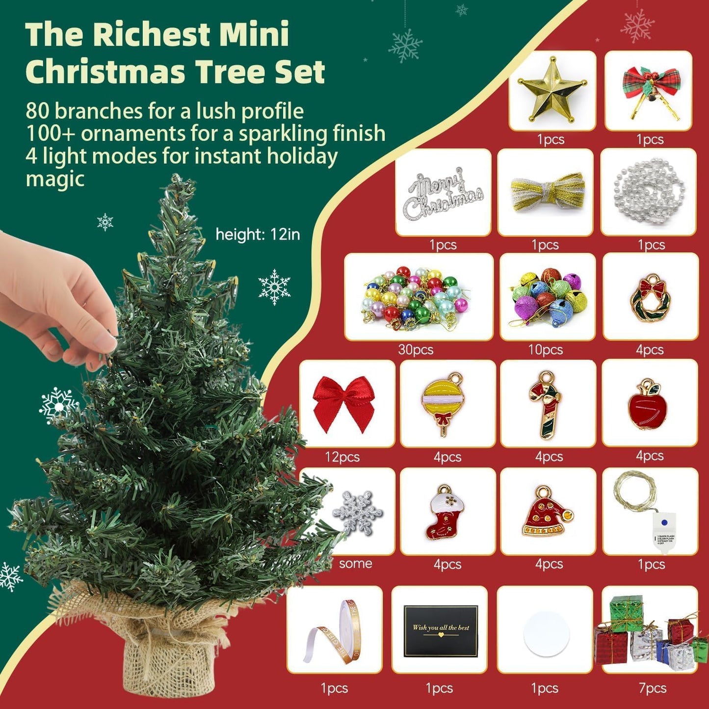 iLAND Mini Christmas Tree Tabletop Small Christmas Tree 12 inch Cute Xmas Table Decoration for Office Desk Shelf Dorm Party Tiny Table Top Décor Miniature 1/6 Scale Elf Accessories Shining Xmas Gift