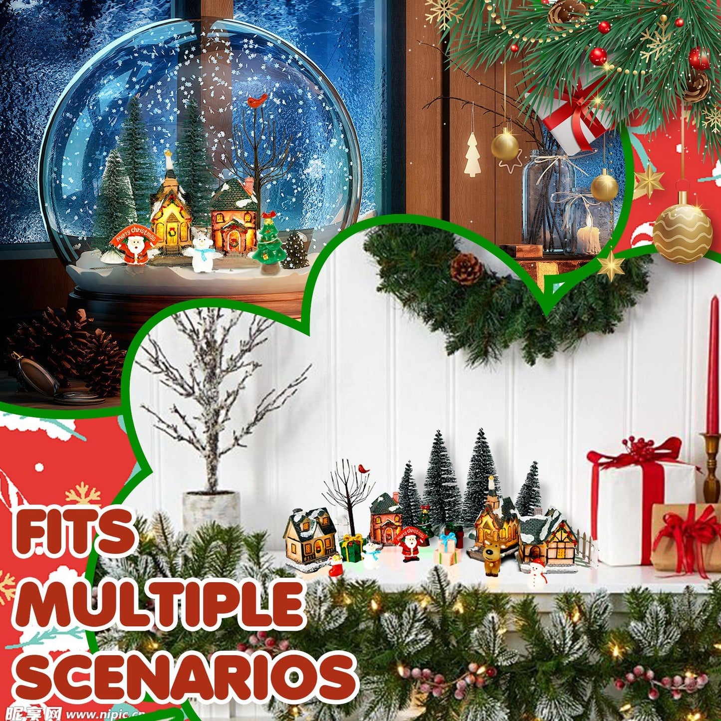 Warmtree 22 Pcs Christmas Village Houses Set, Resin Christmas Scene Village Town, Santa Tree Picket Fence Snow Figurines Accessories for Holiday Home Garden Office Festival Decor