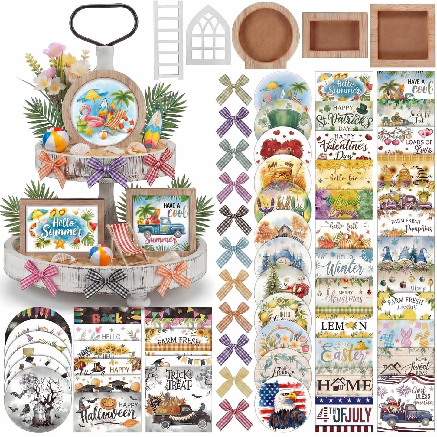 GlikCeil 95 Pcs Interchangeable All Season Tiered Tray Decor Set Farmhouse Holiday Decorations Wooden Frames Ladders with Season Cards Bows for Home Kitchen Valentine Easter Mardi Gras Spring Summer