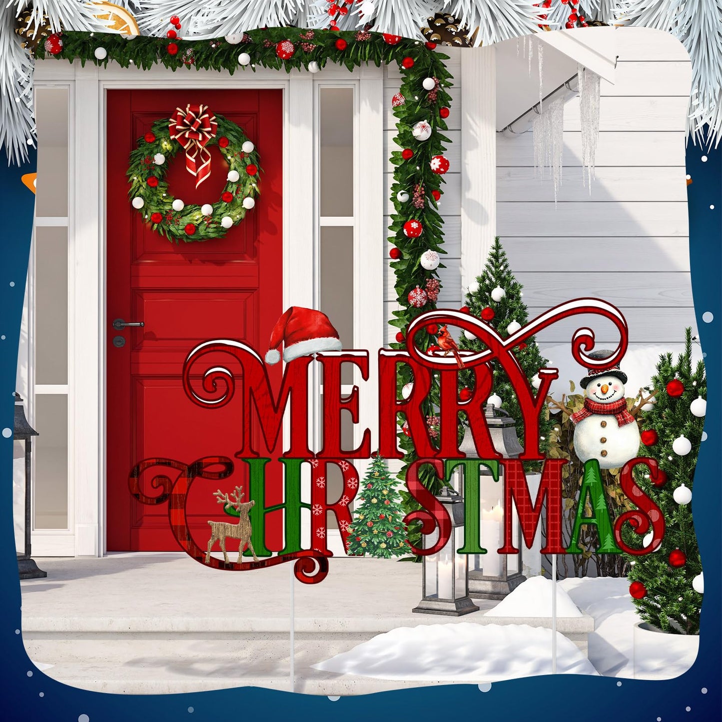 Memorywuu Metal Christmas Decoration Merry Christmas Yard Sign Stake 14.2 Inch Xmas Tree Snowman Santa Hat Outdoor Yard Decor for Xmas Outside Holiday Lawn Decorations Garden Patio Walkway