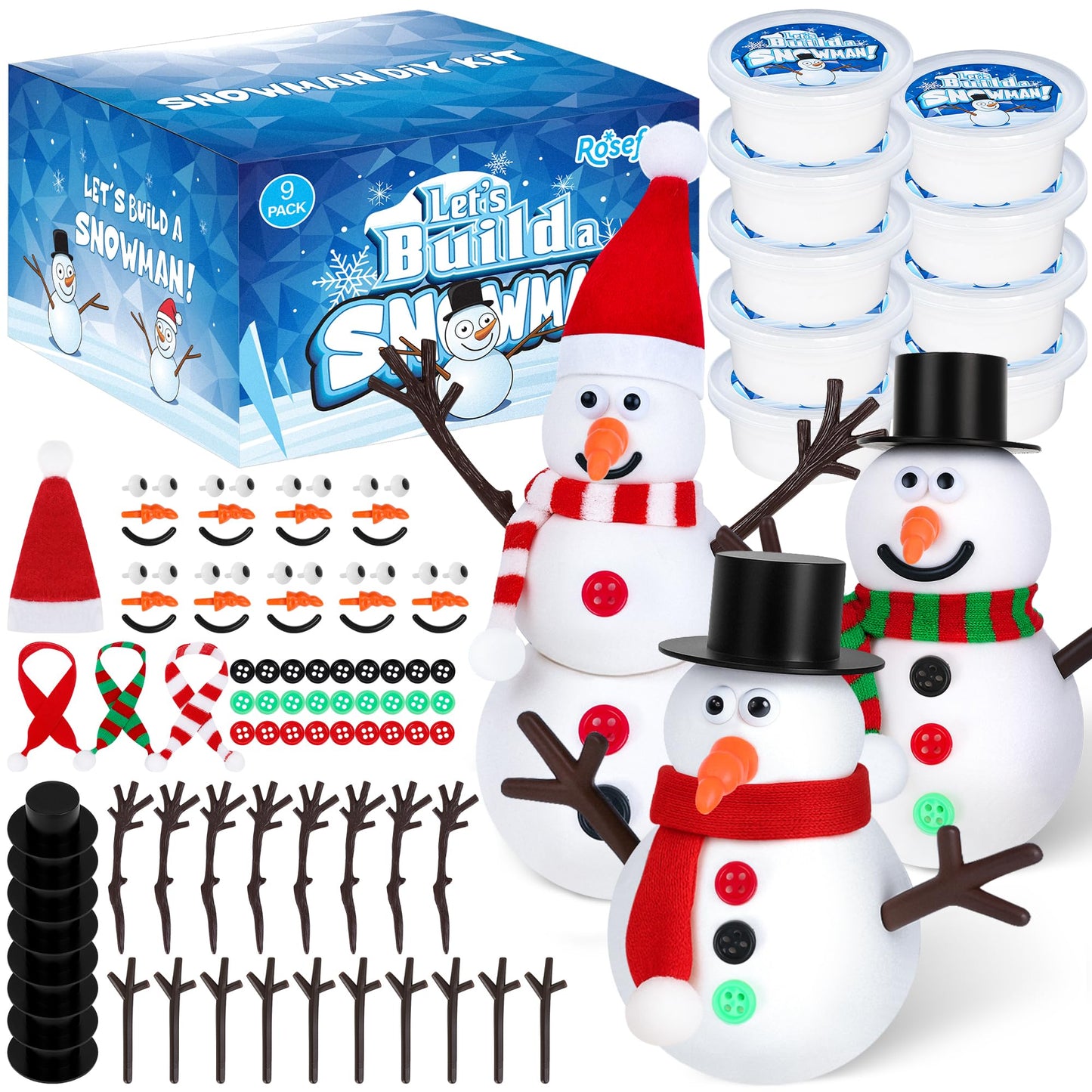 RoseFog 9 Pack Christmas Crafts, DIY Christmas Snowman Clay for Kids, Build Your Snowman Craft Kit, Modeling Clay Snow Man Making Game, Xmas Crafts Presents Winter Christmas Stocking Stuffers