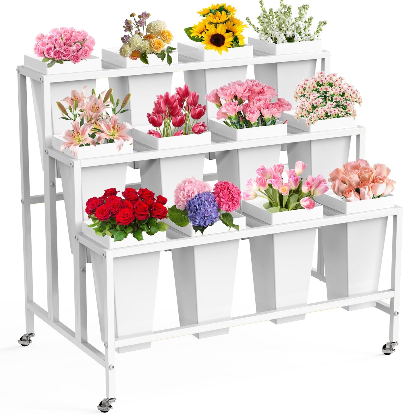VGMiu Flower Display Stand with 12 Buckets, Flower Cart 3 Layers White Metal Flower Bar Stand with Wheels, Moving Florist Bouquet Shelf for Weddings Florist Indoor Outdoor Patio Garden Living Room