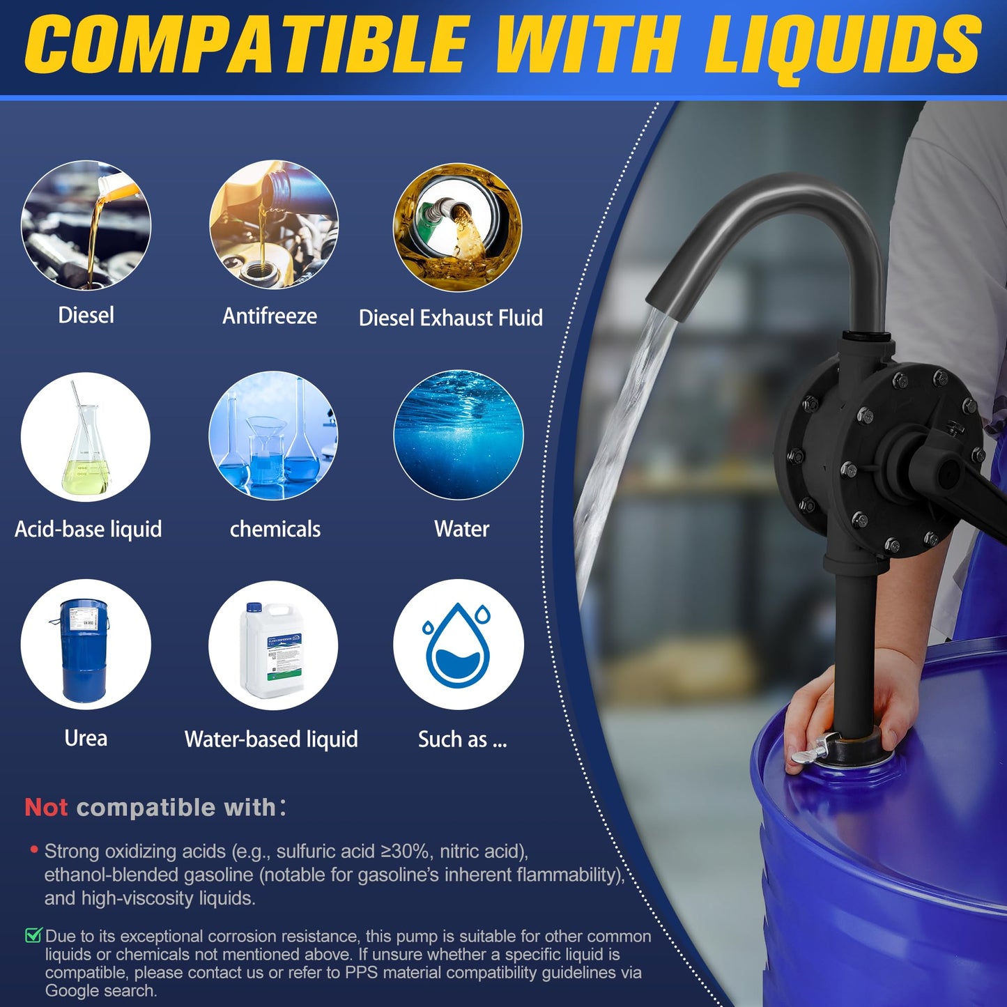 TALFIT 15-55 Gallon Drum Pump, 10 GPM Flow, Manual Rotary Barrel Pumps, Corrosion-Resistant Chemical Pump for Rapid Transfer of Water, Cleaners, Fuel, Corrosive Chemicals, and More