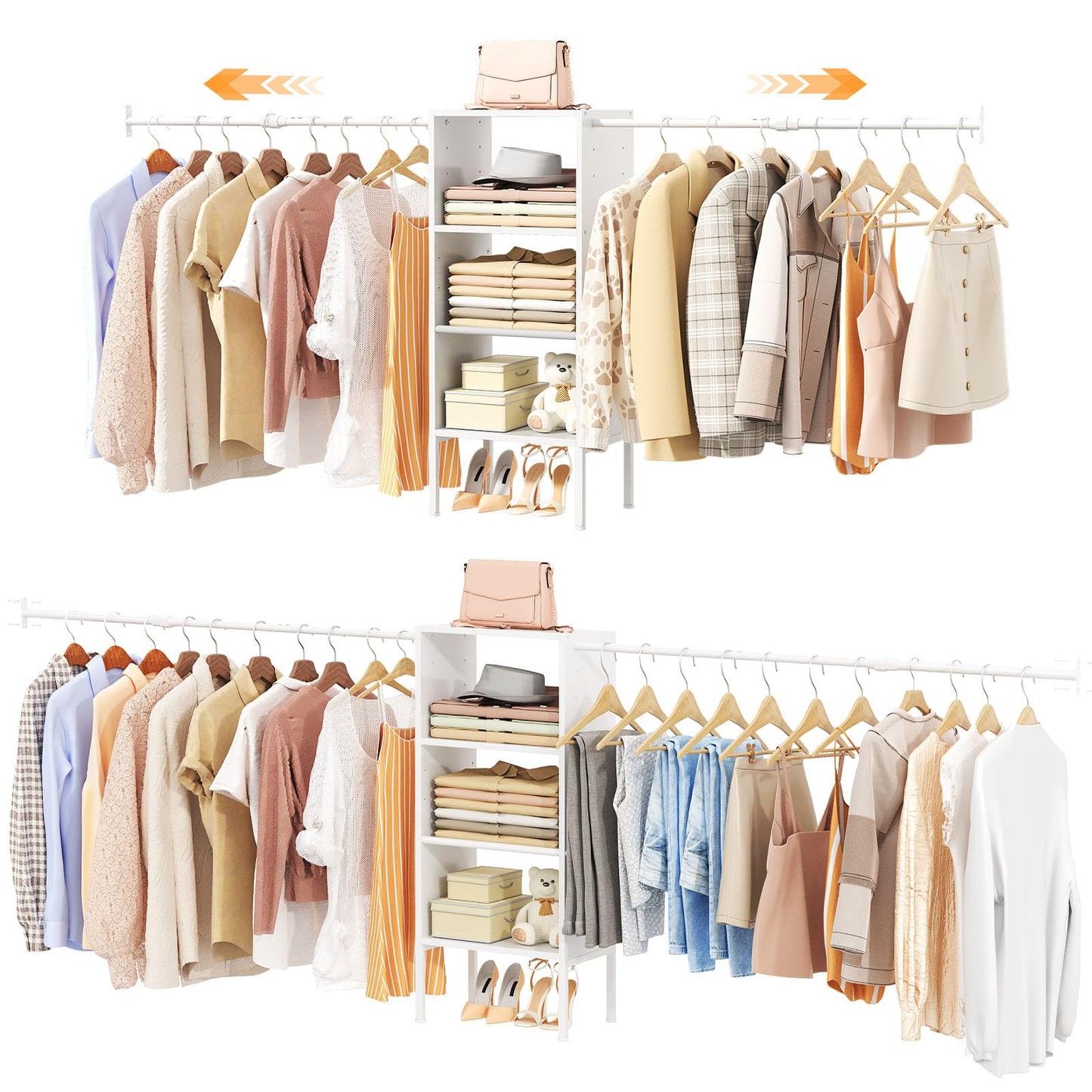 Small Closet System with Shelves, 5FT-8FT Closet Organizer System, Wooden Shelves for Closet with 2 Hanging Rods, Walk-in Closet Organizer, Adjustable Wardrobe Clothes Rack, Garment Rack, Pure White
