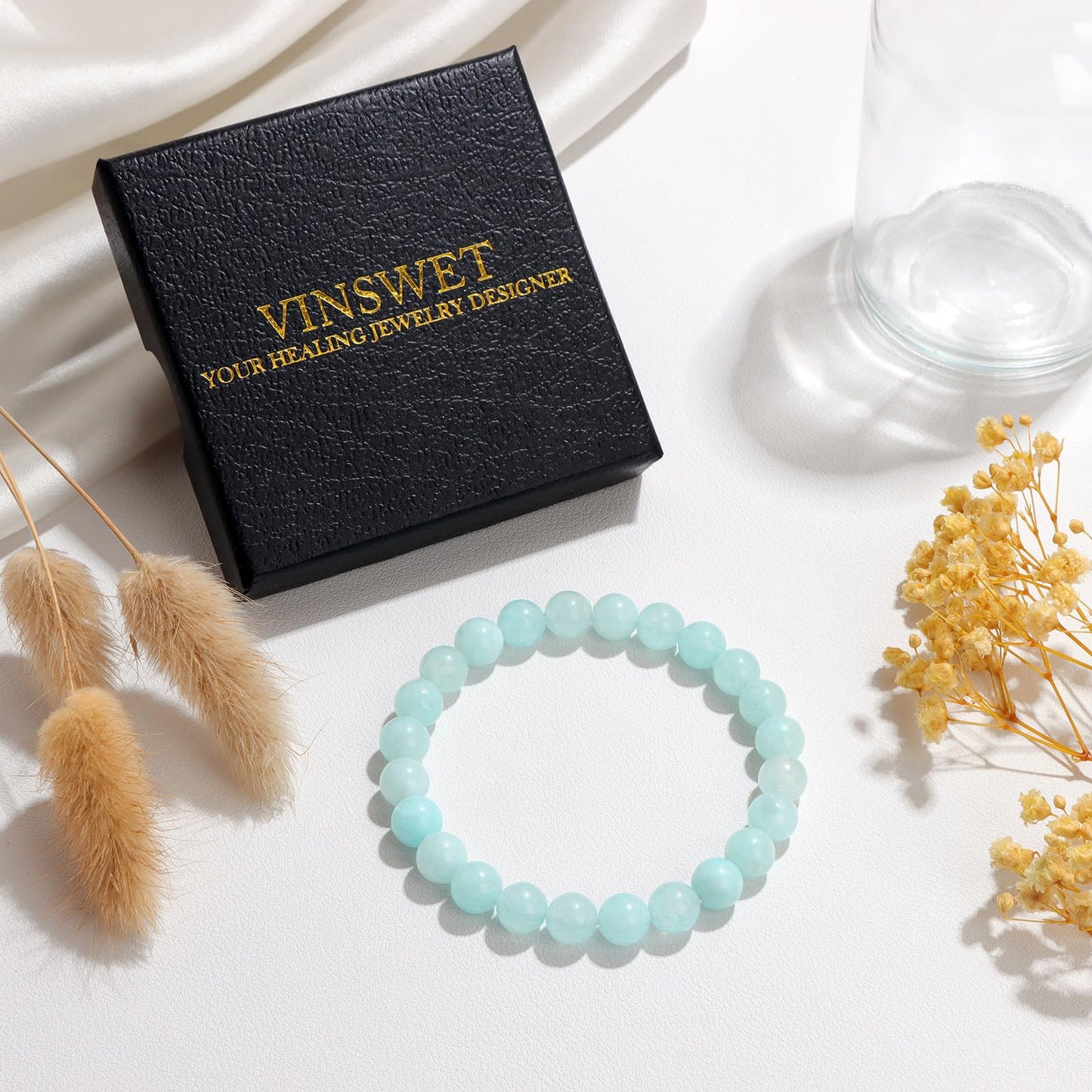Vinswet Healing Crystal Bracelets for Women Men 8mm Aquamarine Natural Stone Beaded Stretch Bracelet Handmade Gemstone Reiki Spiritual Jewelry Gifts