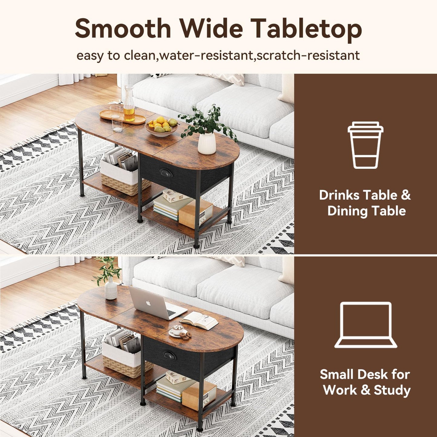 37" Oval Small Coffee Table with Storage,Modern Wood Living Room Center Table for Small Space,Apartment,Home Office,Drawer & Open Shelves,Easy Assembly,Rustic Brown