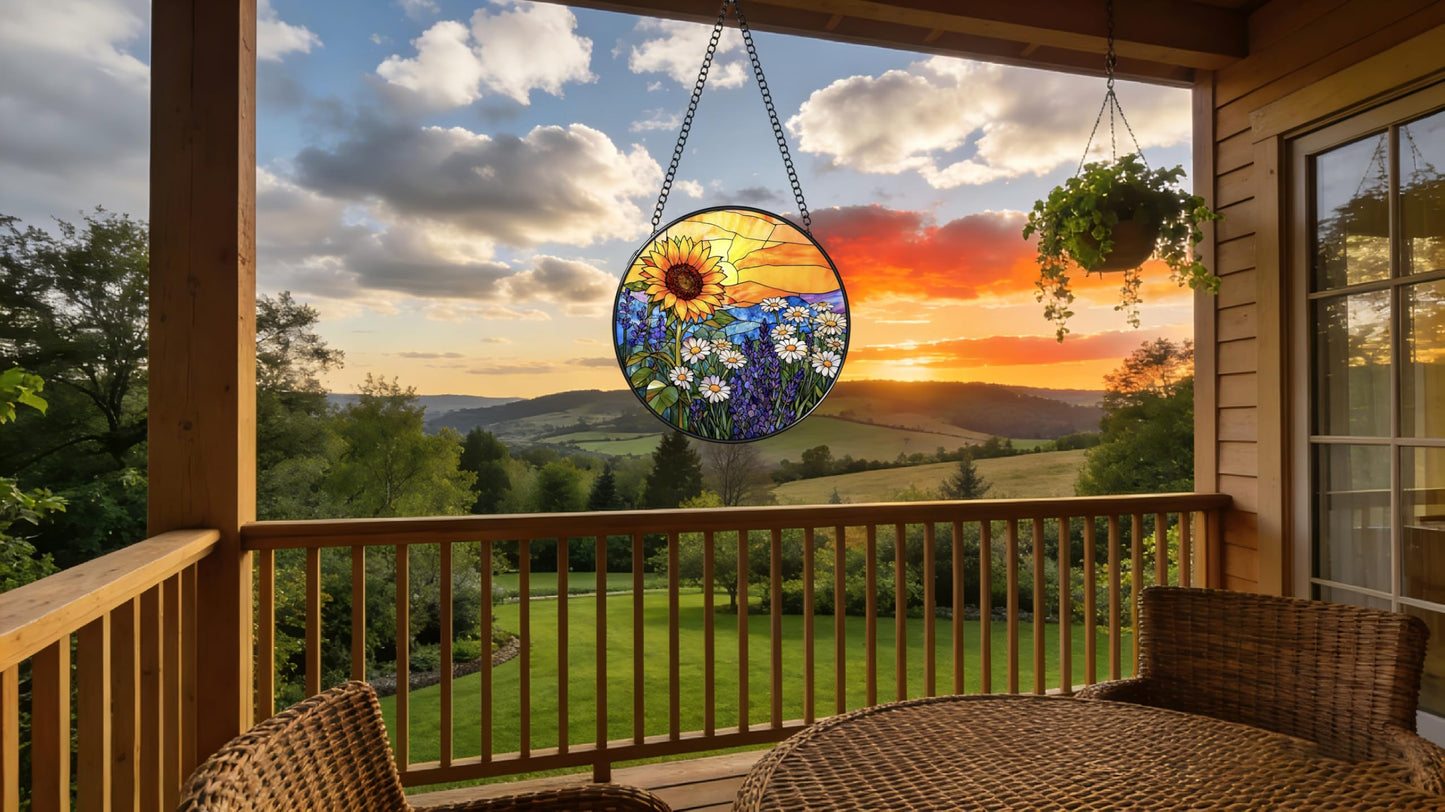 Argodaze Stained Glass Window Hanging - Sunflowers, Daisies, Lavender and Sunset 6.3 Inches Suncatcher for Garden Home Decor for Women Mon Grandma Friends