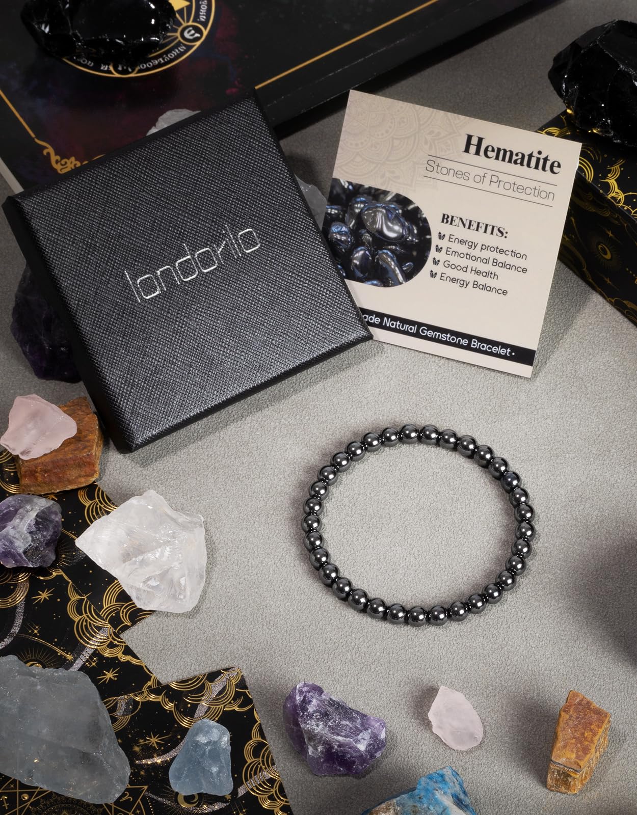Landorilo Beaded Bracelet for Men Women, 6mm Natural Stone Hematite Healing Crystal Stretch Bracelets, Ideal Christmas Birthday Jewelry Gifts with Energy Card，Replacement Beads Included