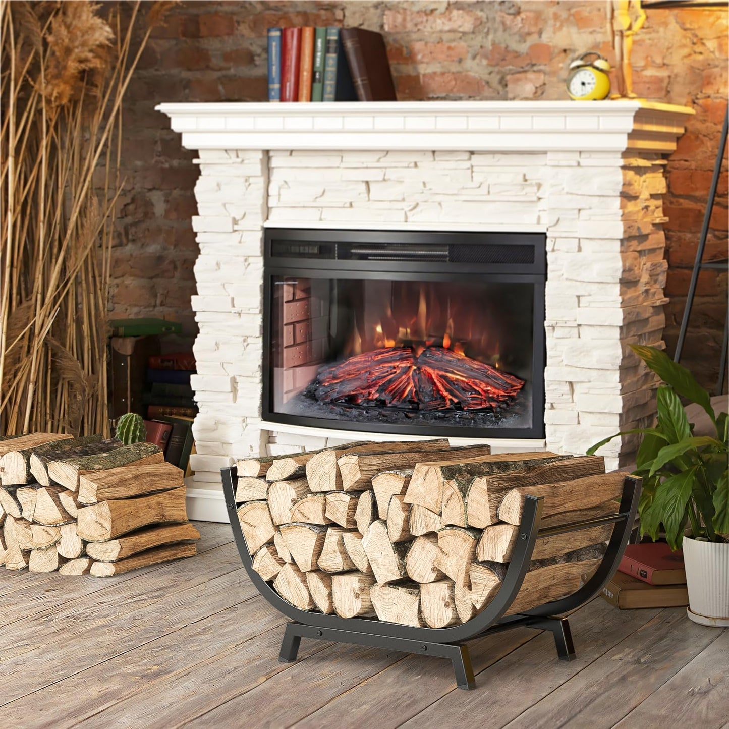 Venkuber Firewood Rack - 25 inch Outdoor Indoor Metal Firewood Holder With Thickened Trapezoid Base-Double Coated Waterproof Rustproof Fireplace Firewood Stand, Black