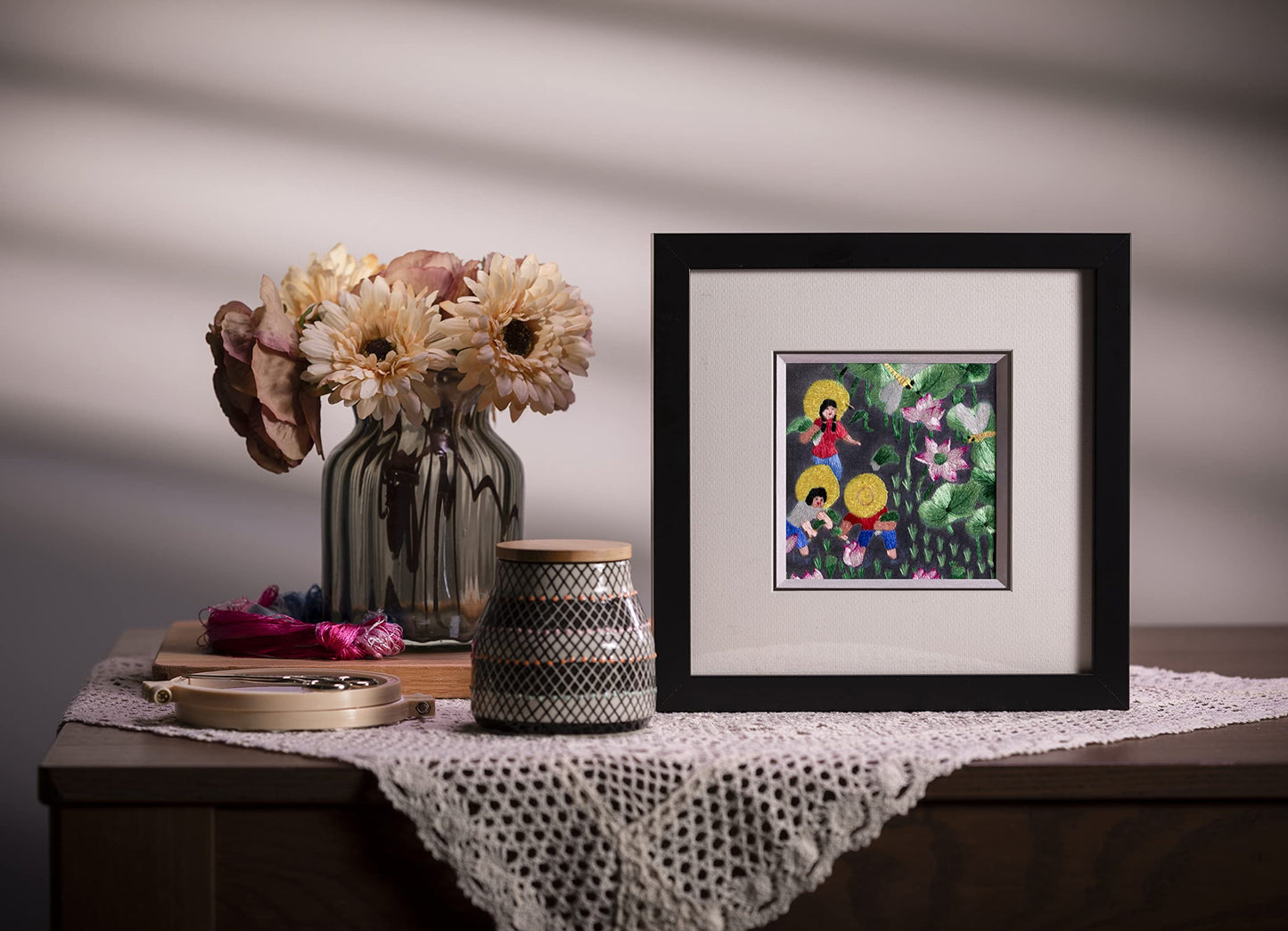 Ebherys Hunan Hand Embroidery Artwork, Handmade Paintings with Wood Frame Hanging on the wall as Room Decoration Home Accessories, Meaningful Gifts for Mother Daughter and Friends (Picking Lotus)