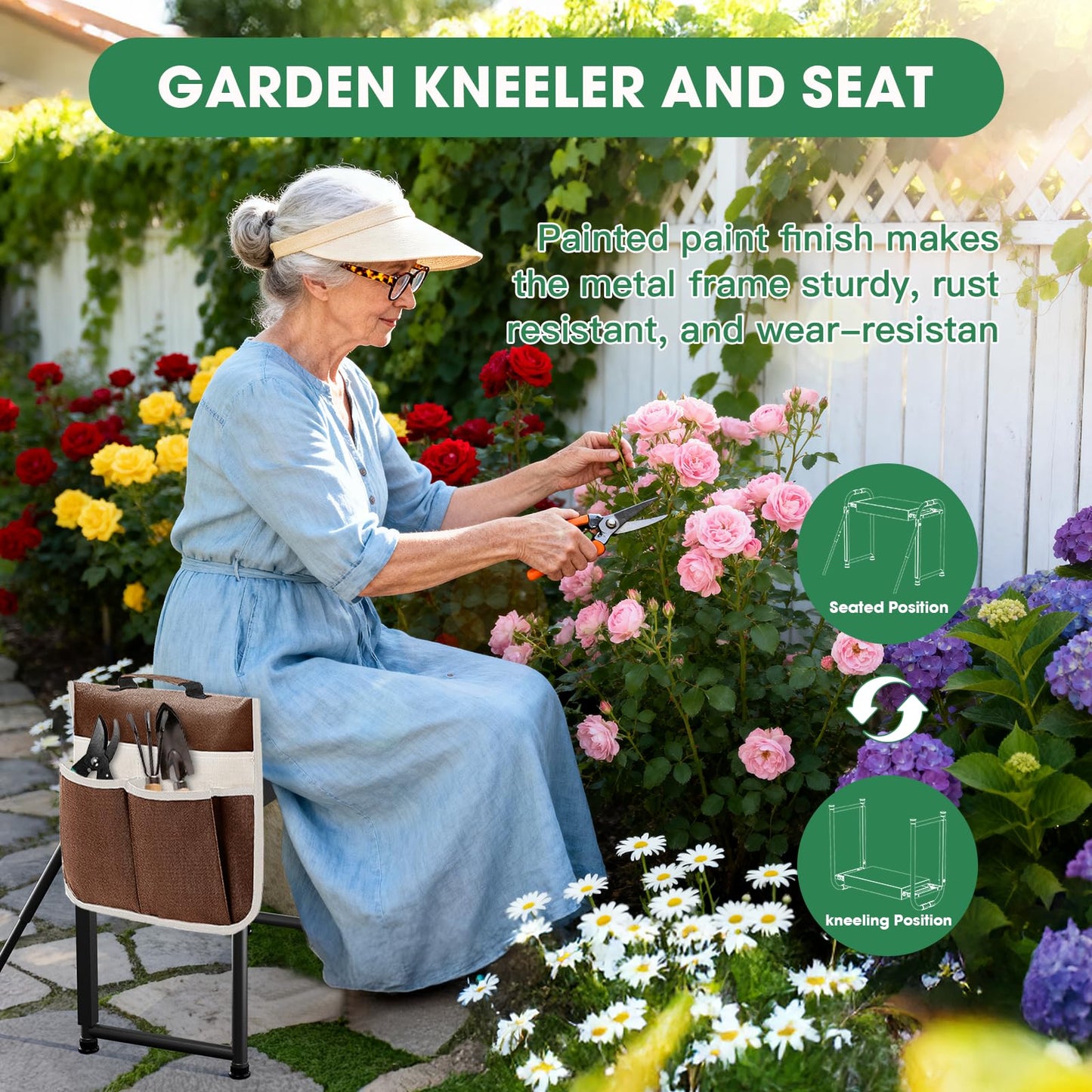 Onadak Heavy Duty Garden Kneeler & Seat with Support Legs, 400lbs Capacity Foldable Gardening Stool, Extra Thick Pad & Large Tool Organizer Bag, Ergonomic for Seniors - Dark Black