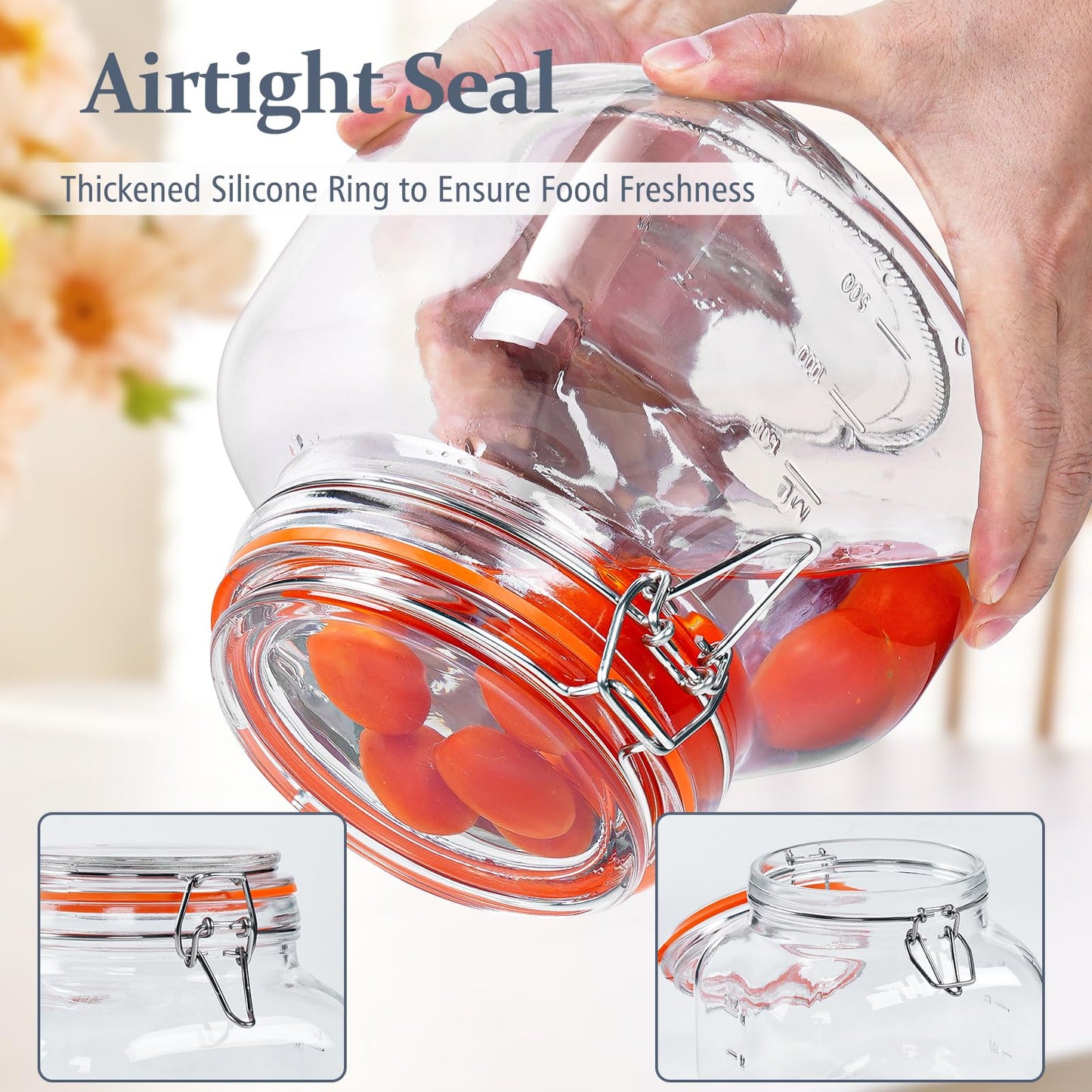 Large Glass Jars with Airtight Lid, 2 Pack Glass Food Storage Jars with 2 Scale Marks, Square Glass Canisters for Flour, Cereal, Coffee, Pasta, Cookies, Pickle, 0.6 Gallon Wide Mouth Mason Jars