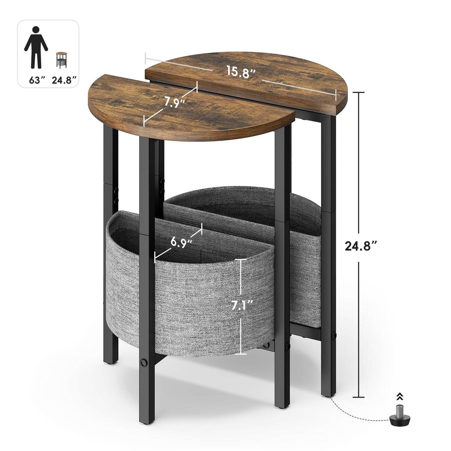 Vagusicc Small Round Side Table, Accent End Table with Storage Basket, Set of 2 Half Round Coffee Table End Table, Half Moon Bedside Table, Modern Nightstand Couch Table for Living Room Bedroom, Brown