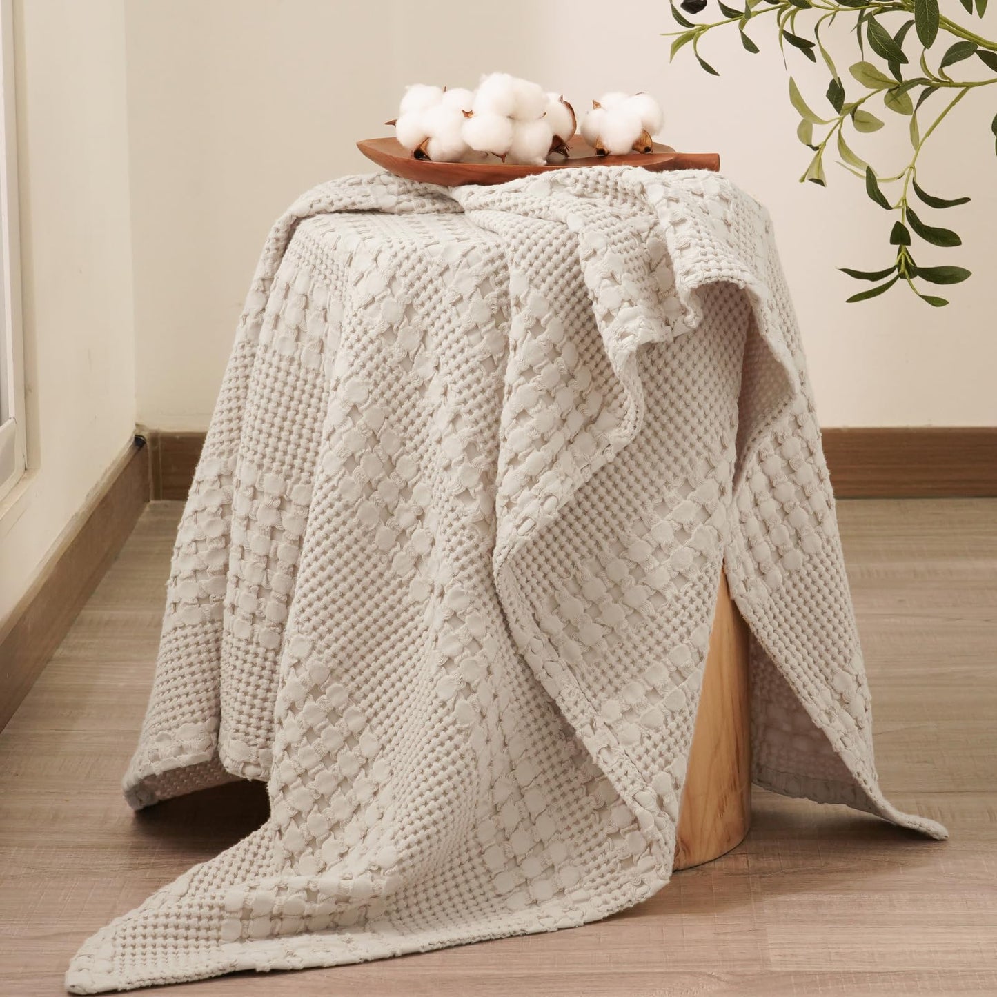 PHF 100% Cotton Waffle Weave Throw Blanket, Soft Lightweight Breathable Cozy Throws for Couch Bed Sofa, Luxury Aesthetic Blanket Gift for Home Decor & Office, 50"x60", Light Taupe/Oatmeal