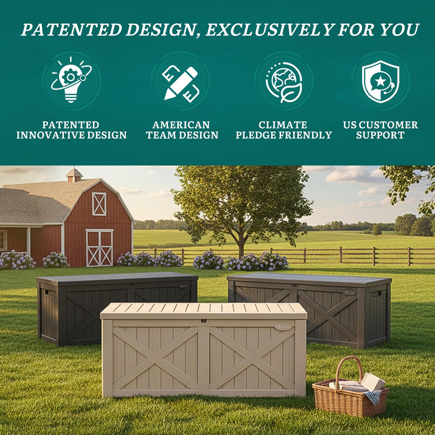 YITAHOME 150 Gallon Large Deck Box with X-Shaped Front, Resin Outdoor Storage Boxes, Waterproof Cushion Storage Bench for Patio, Pool Supplies, Garden Tools - Lockable, Taupe
