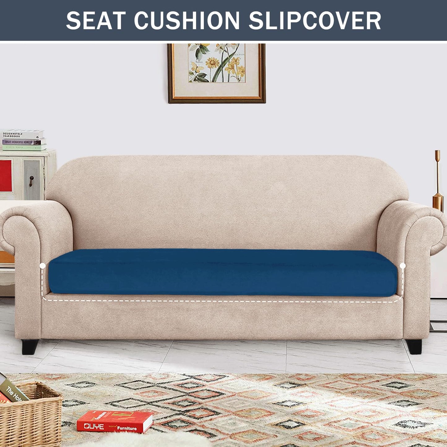 Stretch Cushion Cover, Soft Velvet Plush Cushion Slipcovers Loveseat Sofa Covers Couch Seat Covers Furniture Protector with Elastic Bottom (Medium, Blue)
