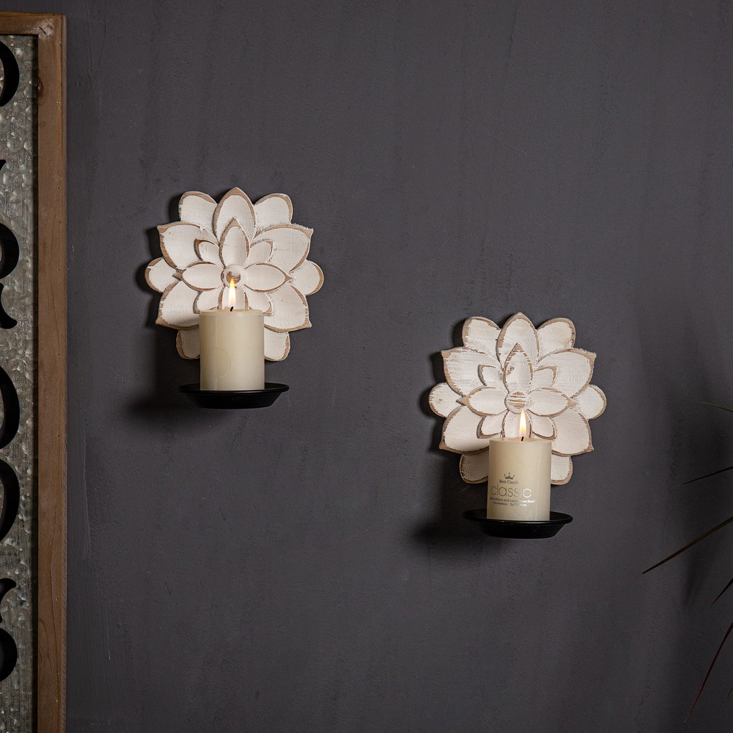 Farmhouse Candle Sconces Set of Two, Handcarved Wall Candle Holders Decorative, Flower Pattern, Distressed Finish Rustic Candle Holder Wall Decor for Living Room, Hallway