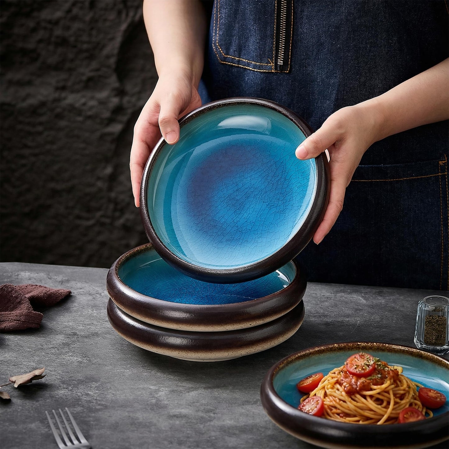 TAUFIKT Ceramic Pasta Bowls Set of 4, 8 Inch Large Porcelain Pasta and Salad Bowls, Stoneware Dinner Plate Set for 4, Handmade Round Dishes for Home Decor, Microwave,Oven,and Dishwasher Safe, Blue