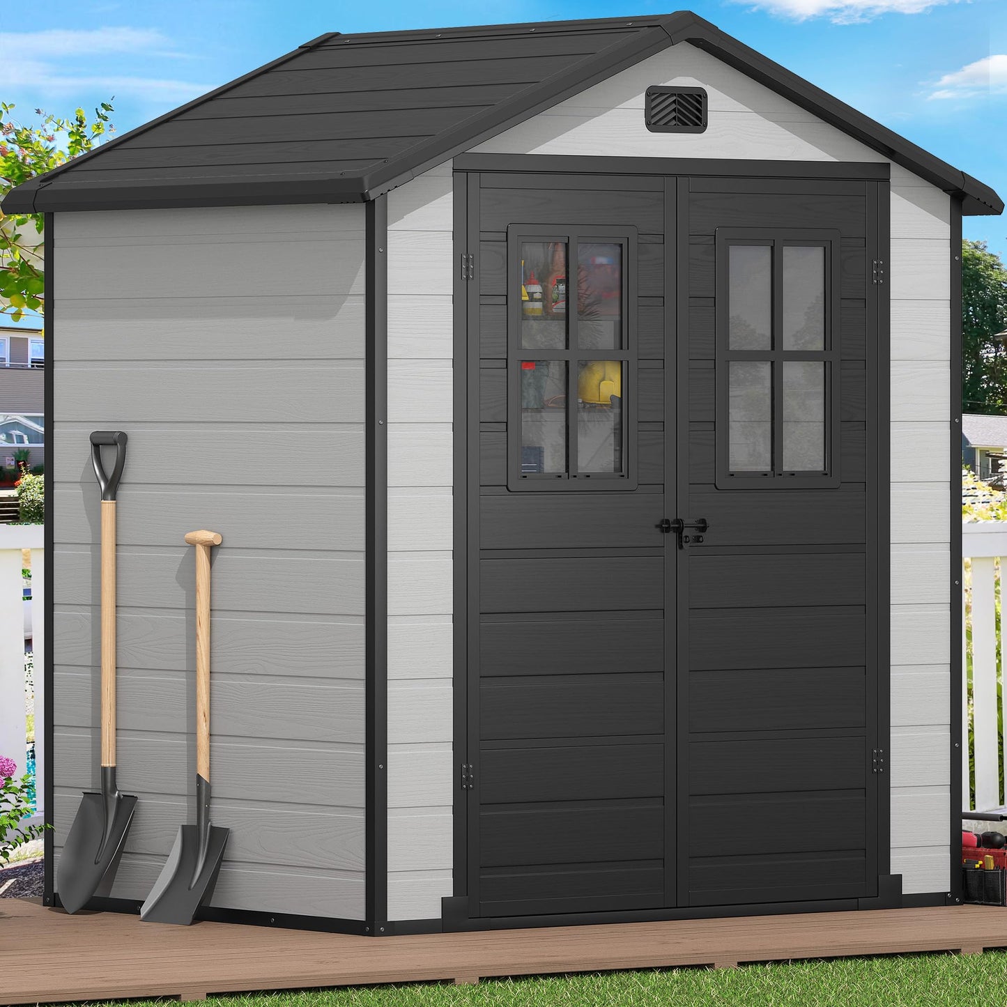 DWVO 6x4.4 FT Outdoor Storage Shed, Plastic Garden Tool Shed with 2 Windows, Double-Wall Outside Shed for Lawn Mower, Garden Tool for Backyard, Patio, Lawn