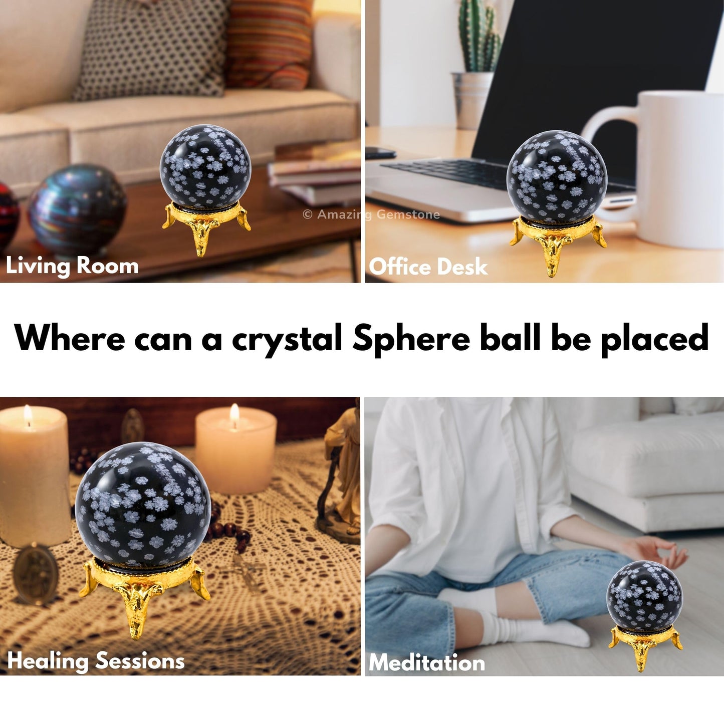 Amazing Gemstone Snowflake Obsidian Crystal Ball with Stand - 2" Inches Crystal Sphere Meditation Balls for Witchcraft and Decorative Balls