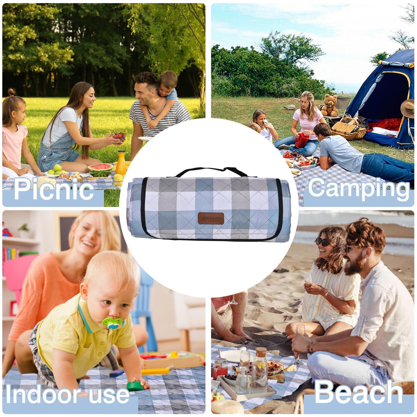 HX&OD Outdoor Picnic Blanket, Extra Large, 80''x60'' Waterproof Foldable Blankets Gingham Picnic Mat for Beach, Camping Grass Lawn Park Accessories Cute Couple Ideas Wedding (Coffee Color, 80”x60”)