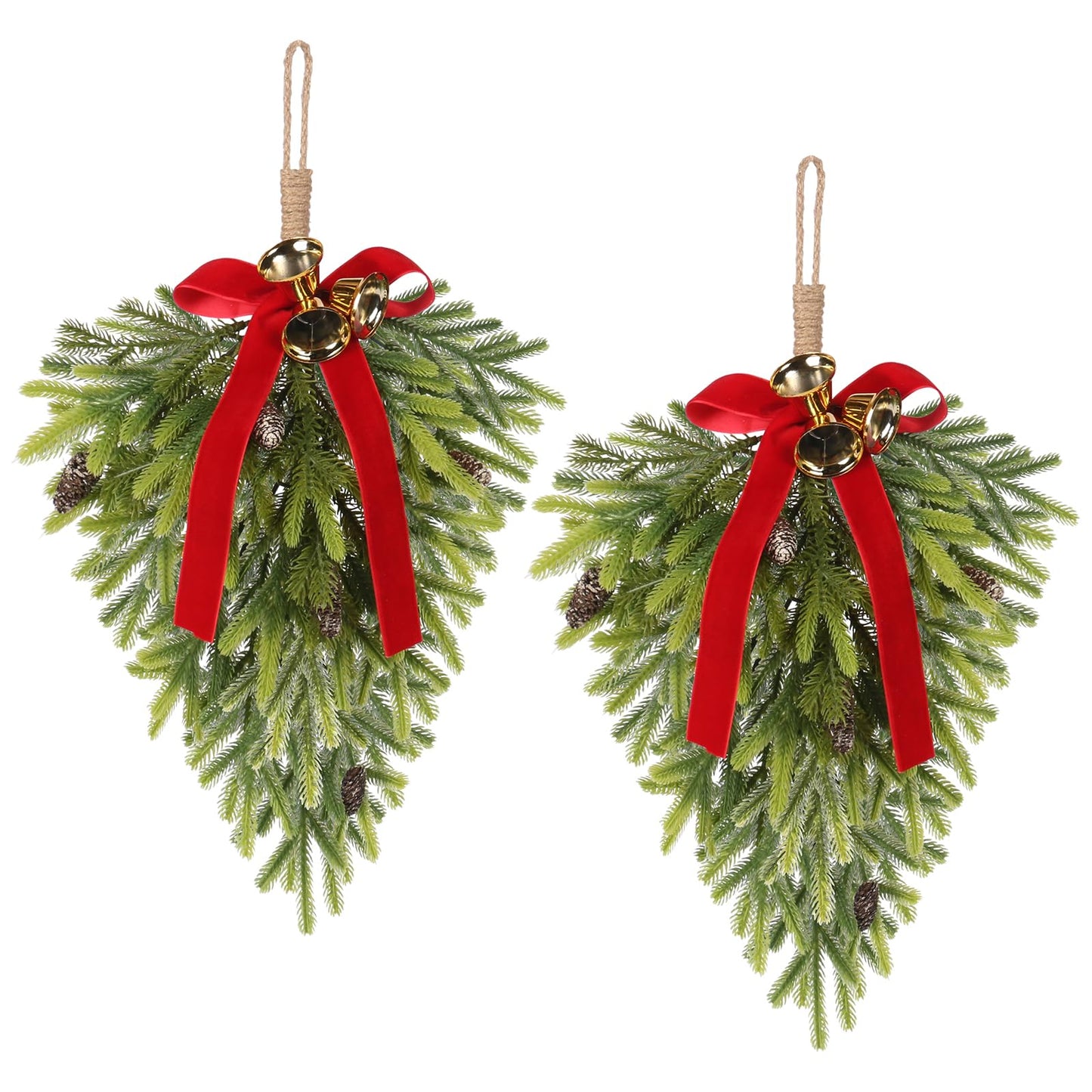 RoseCraft 2PCS Christmas Decorations, Artificial Front Door Christmas Wreaths, Hanging Bell Bow Decorations, for Fireplace Home Holiday Wall Party Xmas Decor.