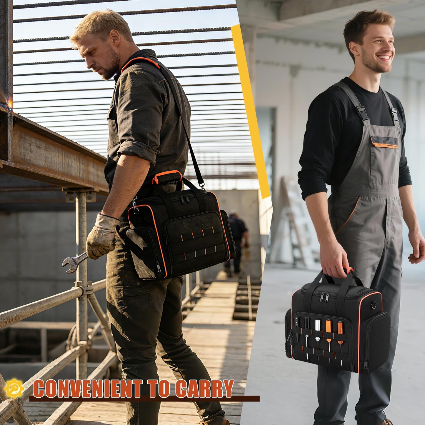 Marscamd Tool Bag with 3 Removable Cases, 2 Layers Tool Tote for Hand Tools, Black with Red Binding