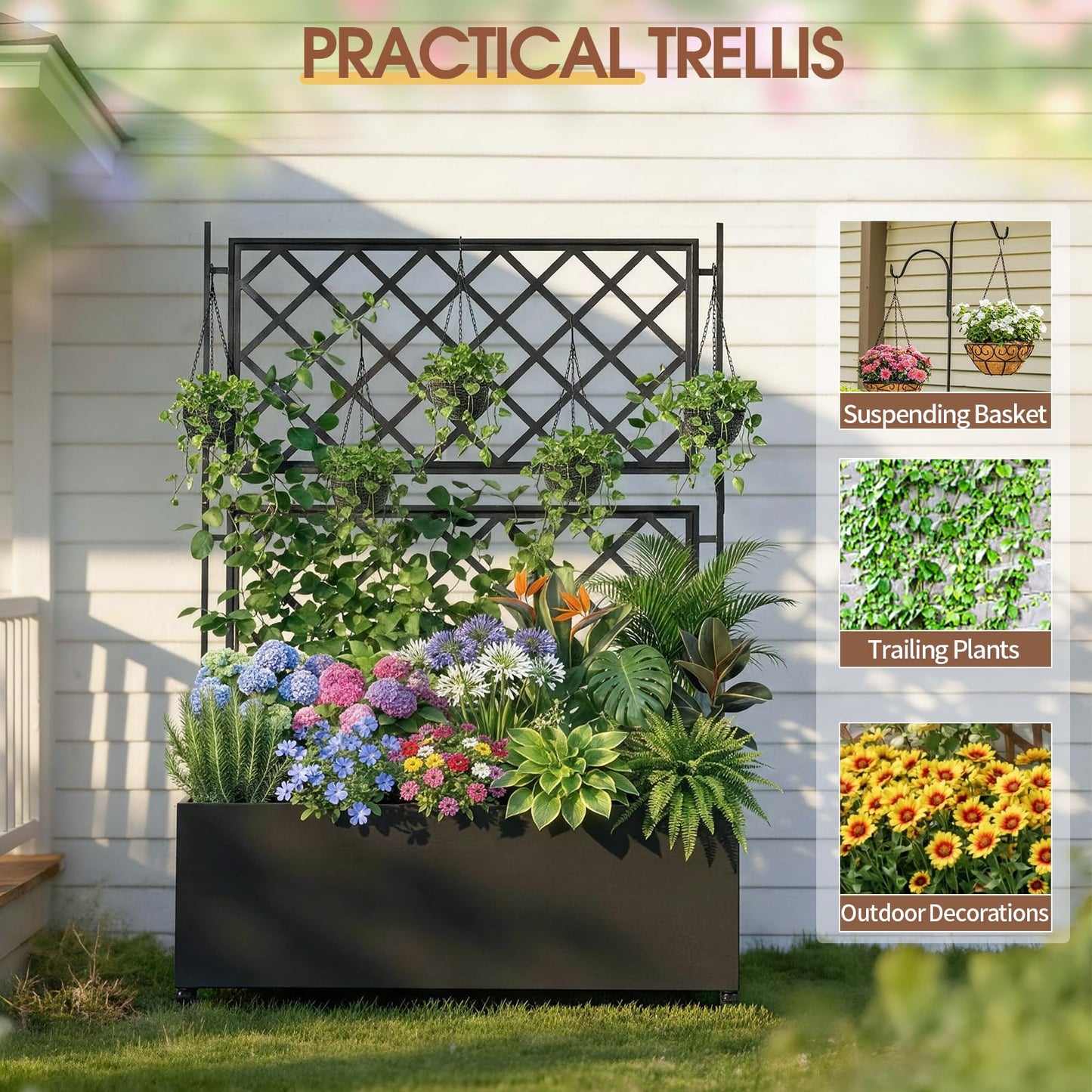 VINGLI 71″H Metal Raised Garden Bed with Trellis and Wheels, Outdoor Planter Box with Drainage Holes for Climbing Plants, Vegetables and Vines, Privacy Screen, for Patio, Backyard and Balcony, Black