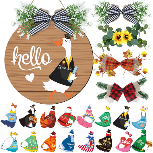 Seasonal Interchangeable Welcome Home Sign,Graduation Porch Goose Welcome Sign Front Door Decor With 4 Seasonal Wreaths and 32 Changeable Icons, Rustic Wood Wall Porch Hanger for Holiday Halloween Christmas Housewarming Gift