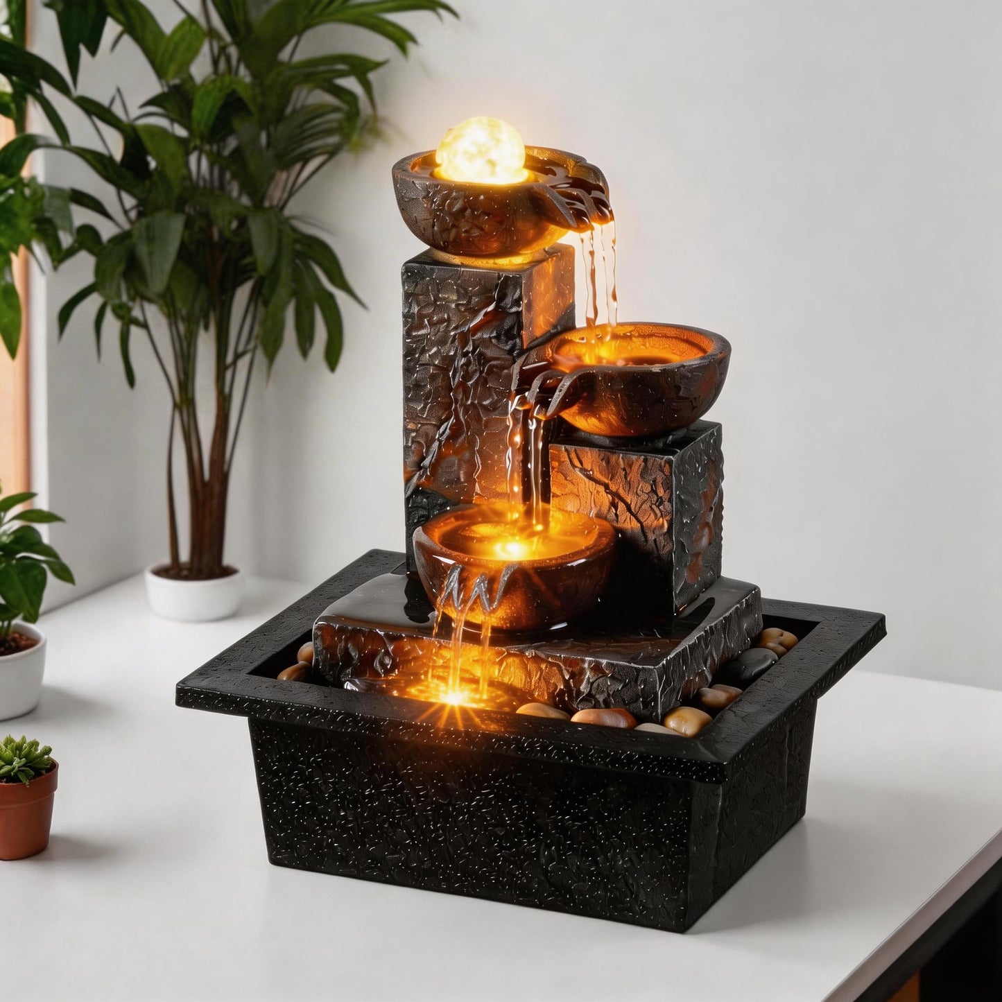 Tolevoit Three Bowls with Rotating Ball Flowing Tabletop Fountain Home Décor Indoor Decor Waterfall Sound Zen Mini Fountain Warm Led Light Pebbles Stone(23114)