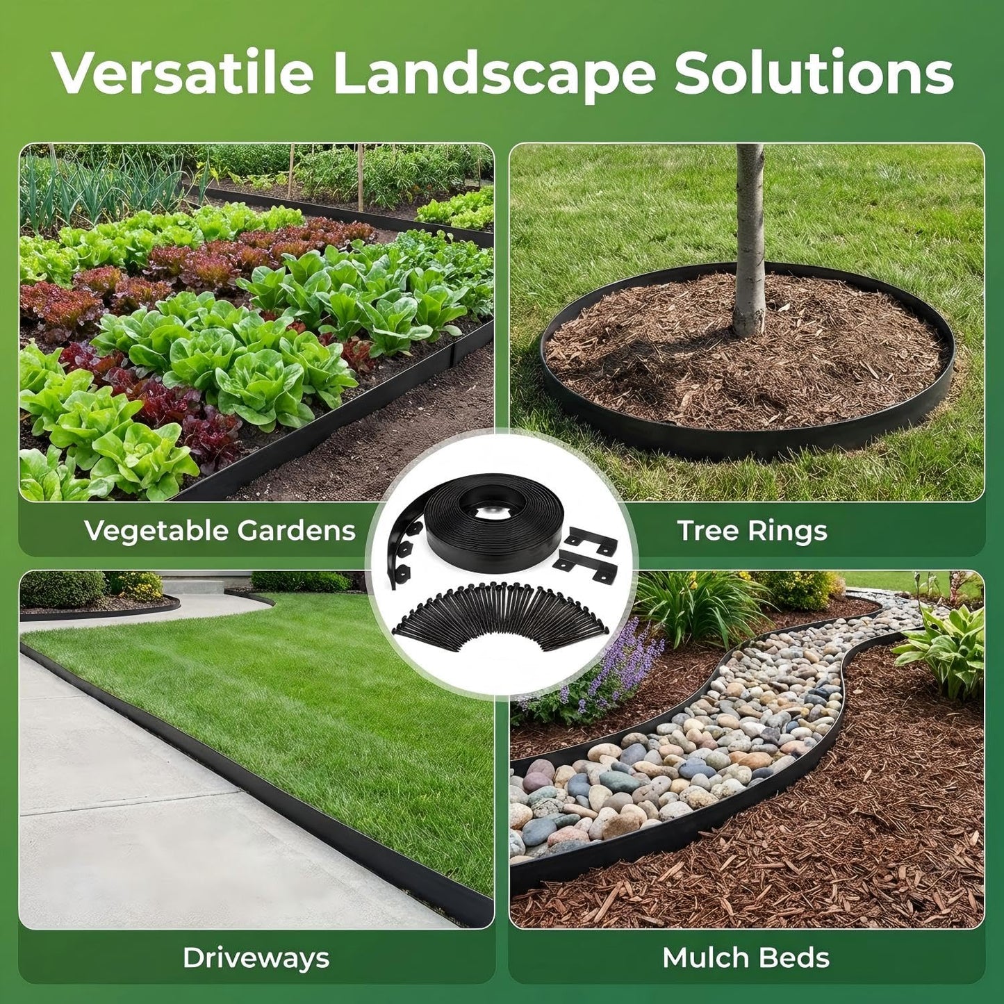 BABL LIFE Landscape Edging Kit, 40 FT x 2 Inch, No Dig Garden Edging Border, Flexible Black Lawn Edging with 80 Spiral Spikes and 2 Connectors for Flower Beds, Paths, Yard